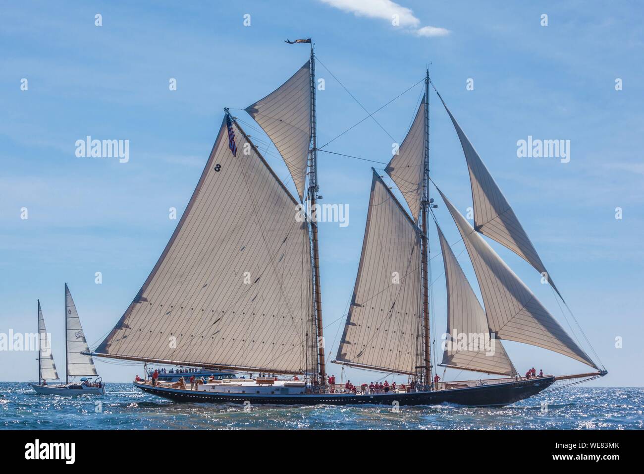 Stati Uniti, New England, Massachusetts, Cape Ann, Gloucester, Gloucester Schooner Festival, goletta parade di vela Foto Stock