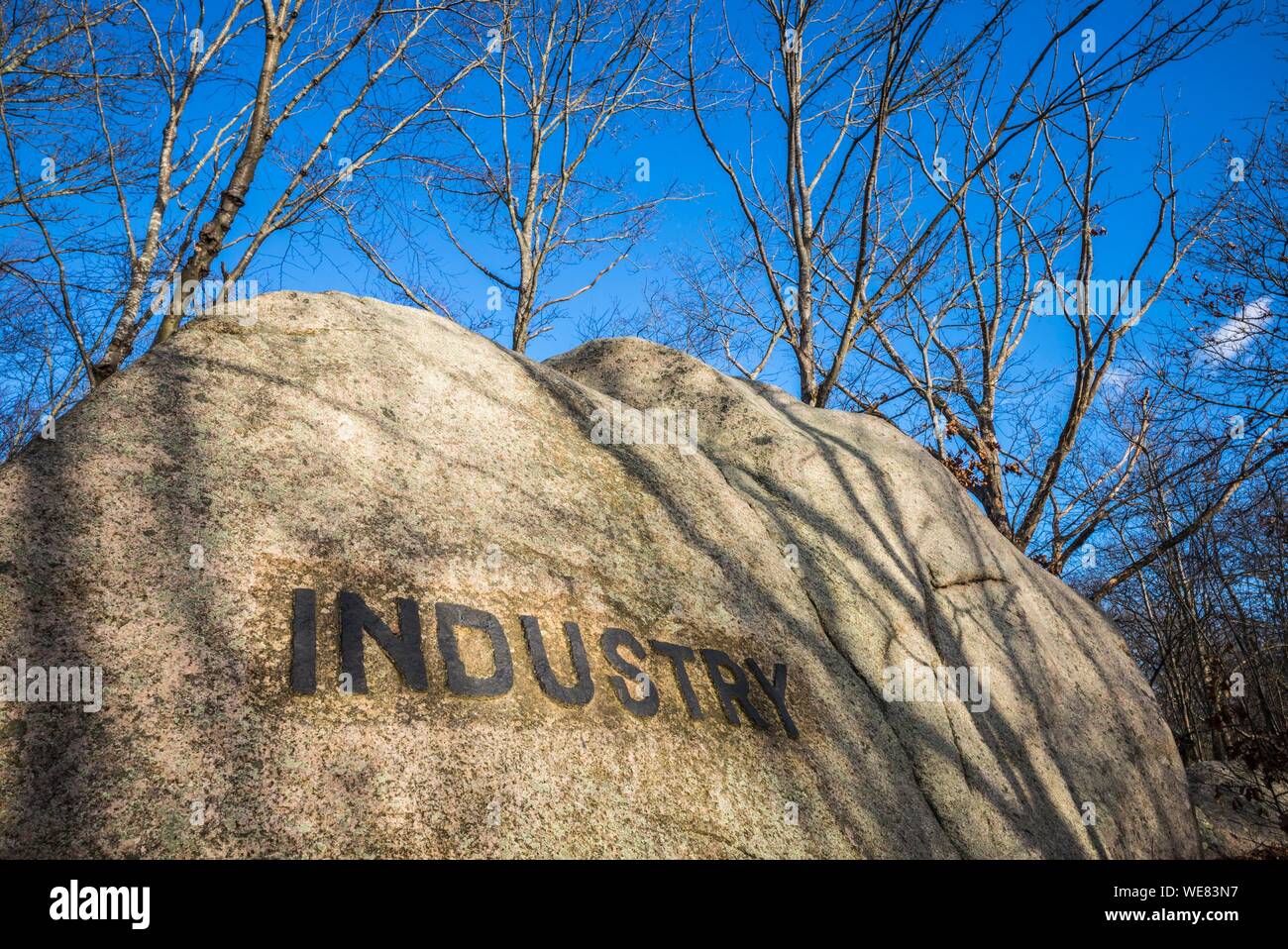 Stati Uniti, New England, Massachusetts, Cape Ann, Gloucester, Dogtown Rocks, ispiratrice dicendo scolpito su massi nel 1920s, ora in una città pubica park, Industria Foto Stock
