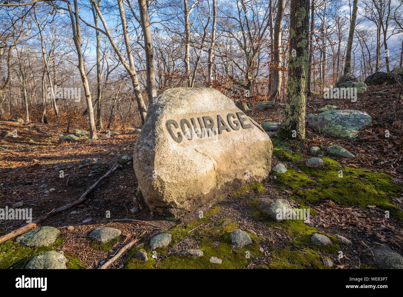 Stati Uniti, New England, Massachusetts, Cape Ann, Gloucester, Dogtown Rocks, ispiratrice dicendo scolpito su massi nel 1920s, ora in una città pubica park, coraggio Foto Stock