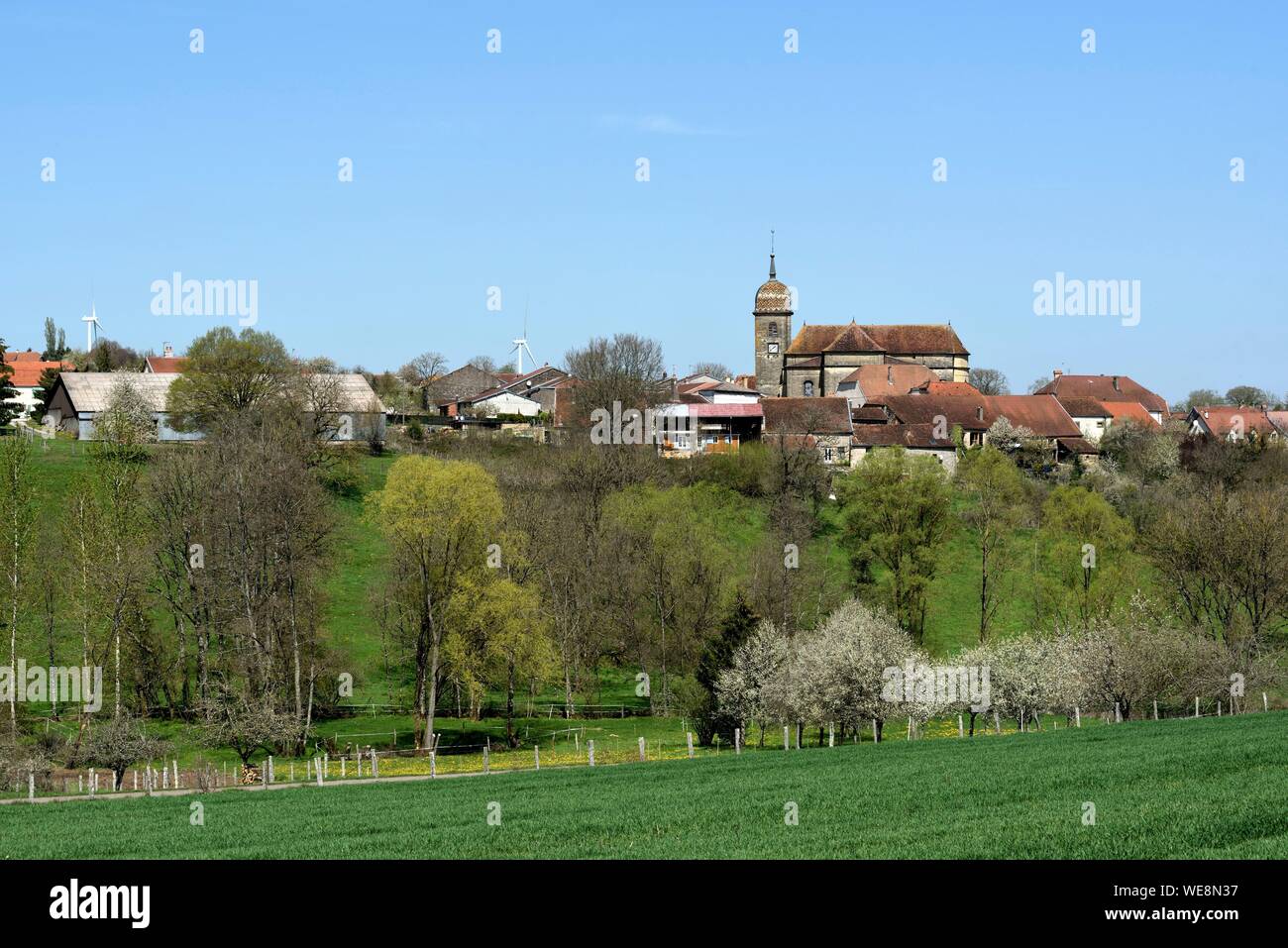 Francia, Haute Saône, Montigny les Cherlieu, il villaggio, ipotesi chuerch datata 1884, turbine eoliche Foto Stock