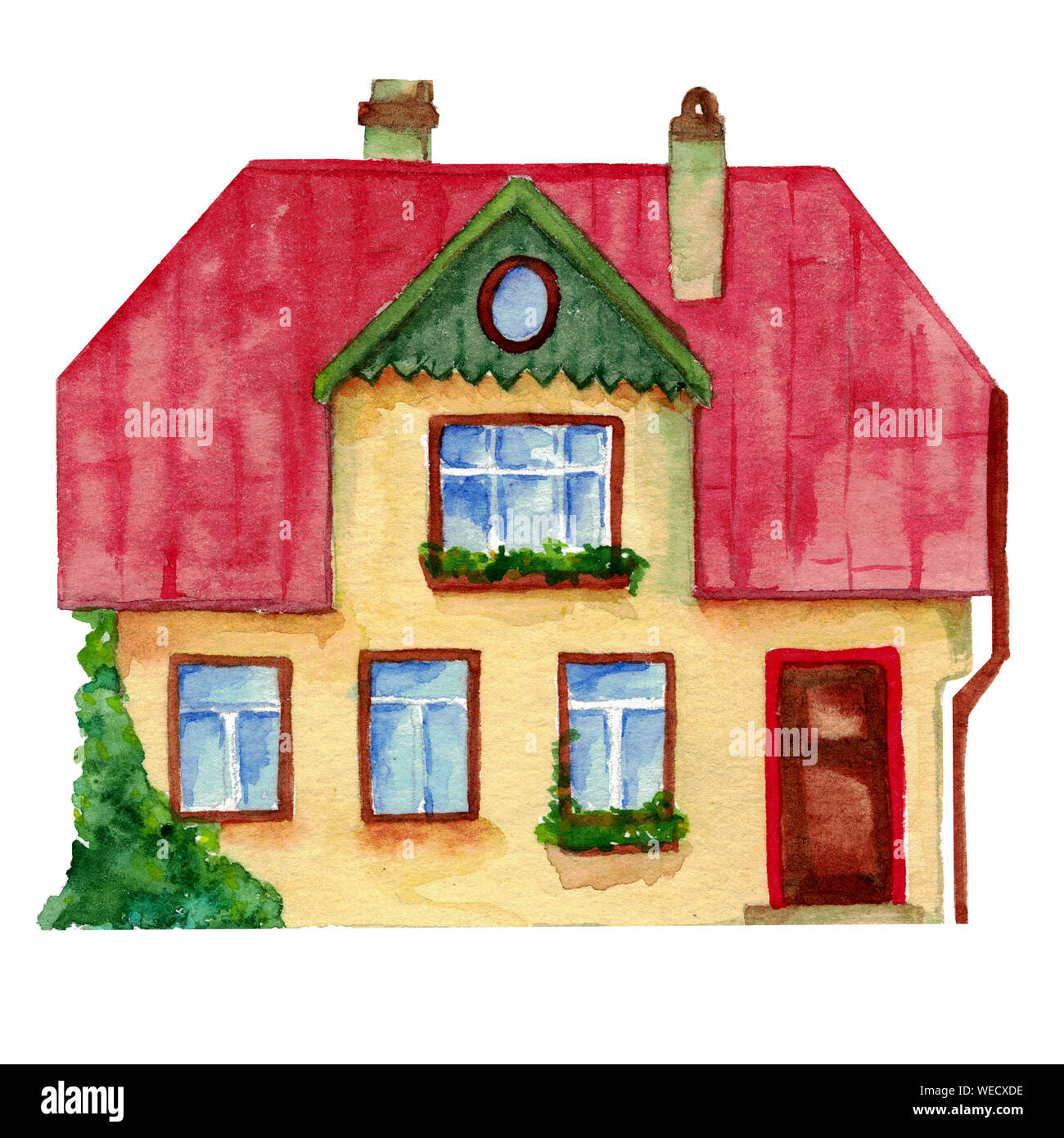 Acquerello disegnato a mano cabina europea isolati su sfondo bianco. Design per bambini illustrazione, stagione offre, sfondi. Summer house Foto Stock