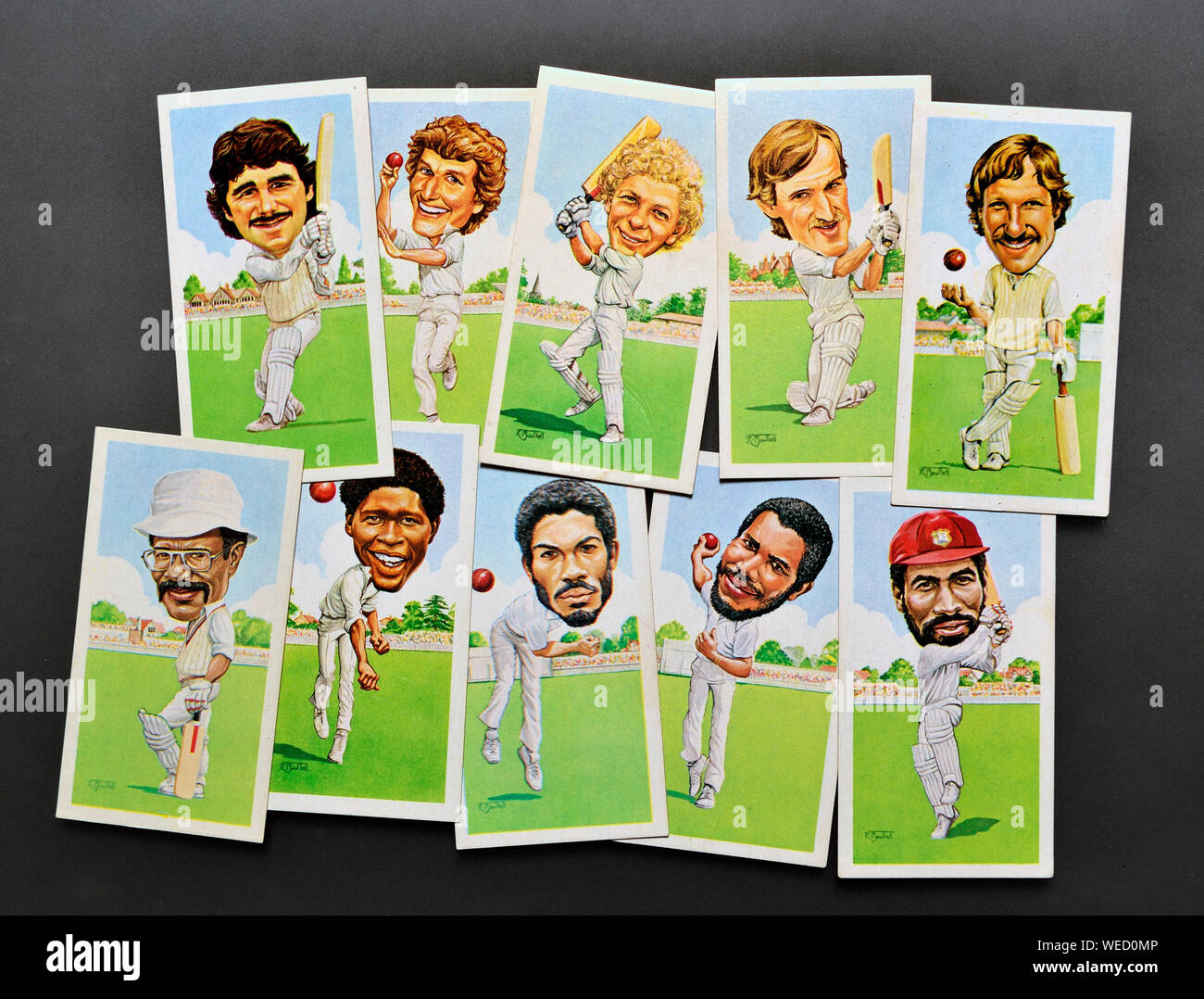 Carte Collezionabili: Texaco Trofeo Cricket schede (1984) Allan Agnello, Bob Willis, David Gower, Chris Tavare, Ian Botham, Clive Lloyd, Joel Garner, Michael Foto Stock