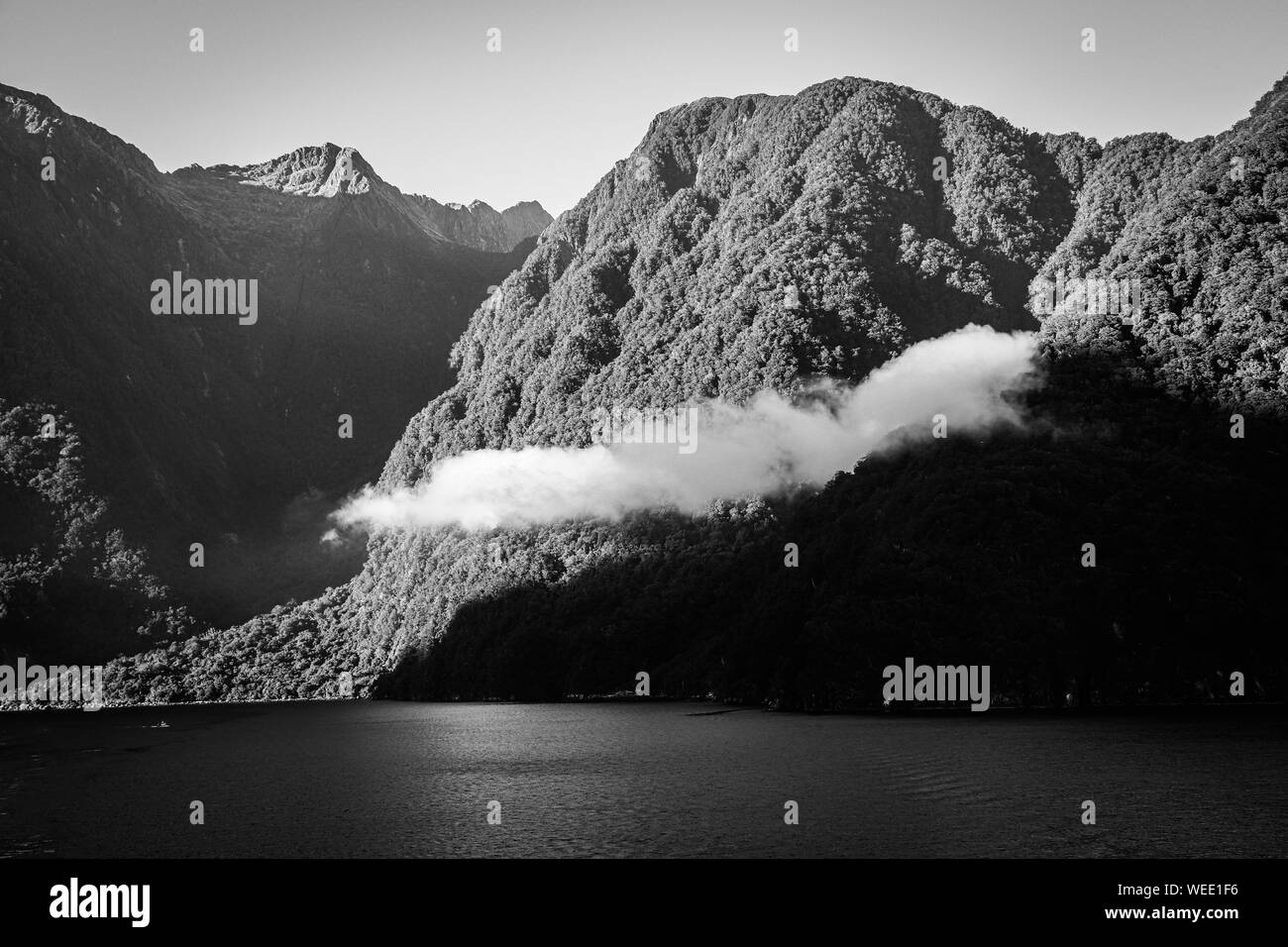 Milford Sound, Nuova Zelanda - nuvole pendenti basso, Paesaggio Foto Stock