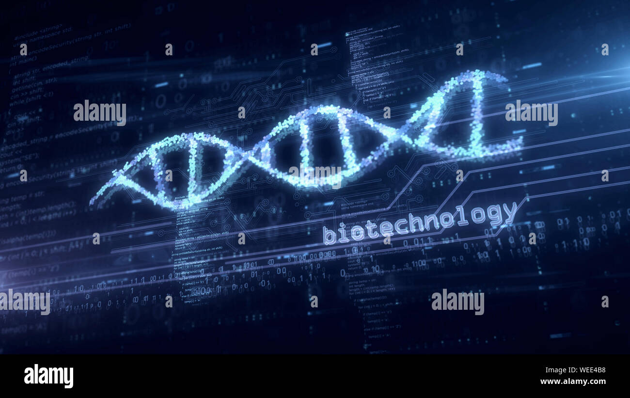 La biotecnologia elica di DNA ologramma. Un concetto moderno di bioinformatica, scienza, biologia, chimica e ricerca su blu sfondo digitale 3d illustratio Foto Stock