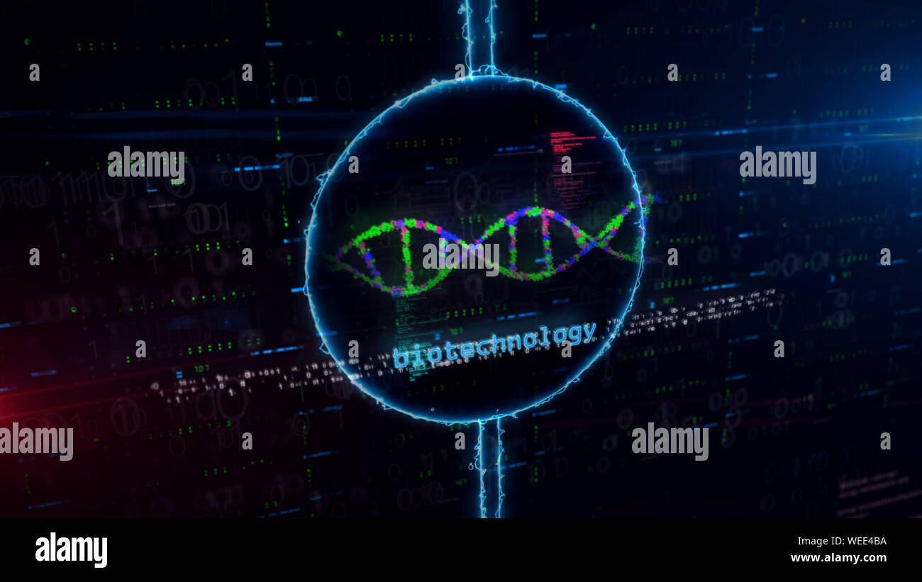La biotecnologia elica di DNA in ologramma dinamico cerchio elettrico su sfondo digitale. Un concetto moderno di bioinformatica, scienza, biologia, chimica e r Foto Stock