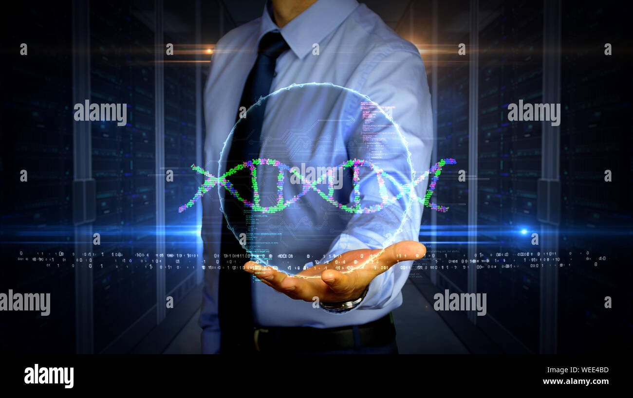 Uomo con dynamic biotecnologie e DNA Helix ologramma su mano. Imprenditore e futuristico concetto della bioinformatica, scienza, biologia, chimica e r Foto Stock