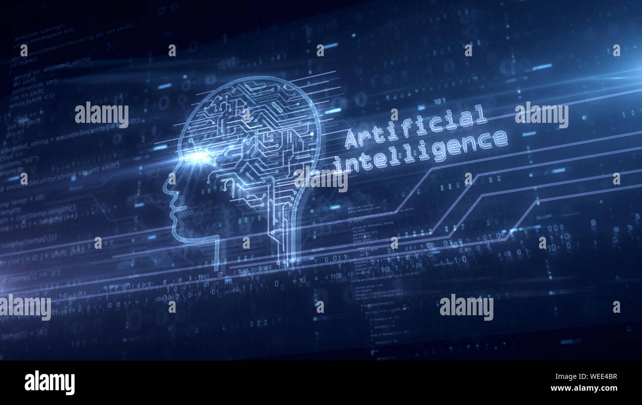 Intelligenza artificiale simbolo ologramma. Un concetto moderno di apprendimento profondo, cervello cibernetico e cyber mente tecnologia blu su sfondo digitale 3d ill Foto Stock