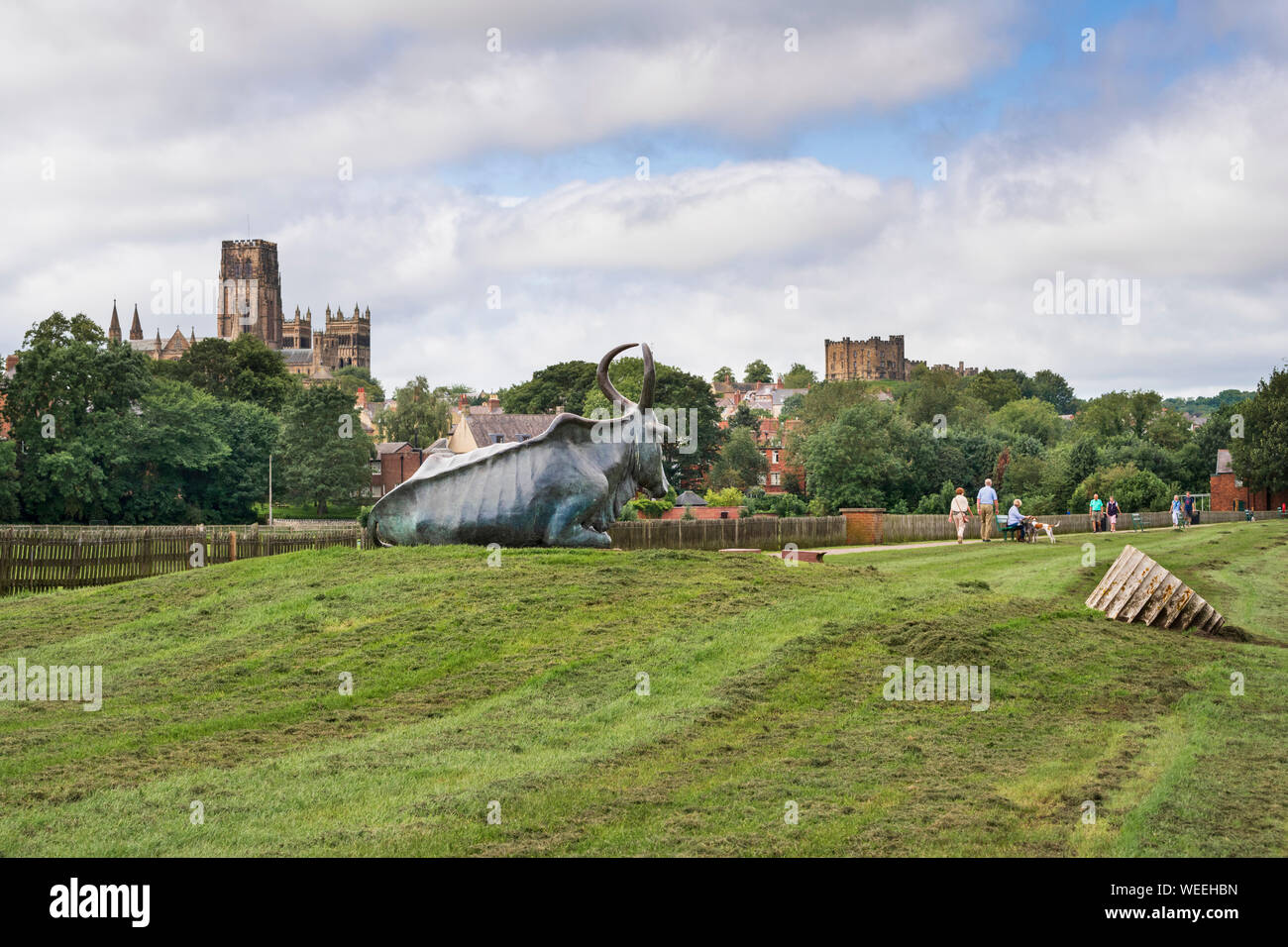 Le famiglie a piedi dal 'Durham Cow' scultura in bronzo che si appoggia sull'erba nel parco terreni in vista del la cattedrale e castello di Durham Foto Stock