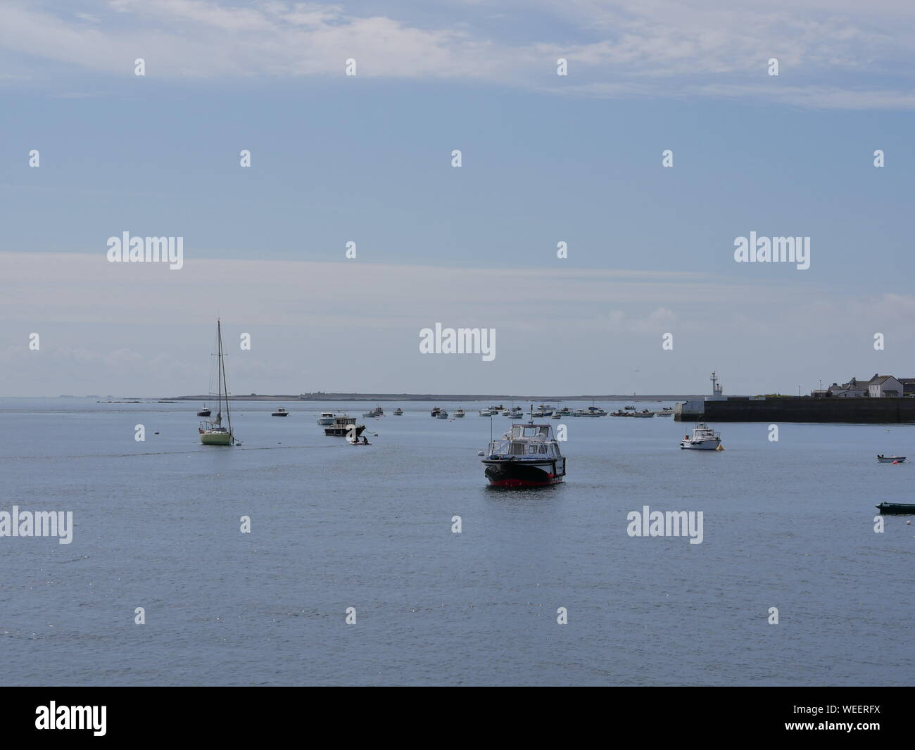 L'île de molène et son merveilleux port et ses bateaux multicolori et ses quais en granit et onu banc bleu et blanc et l'île prise depuis le grandi Foto Stock