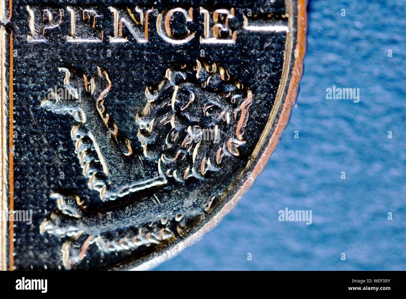 Primo piano del lato inverso del 2008 cinque pence coin che mostra un segmento del Royal scudo progettata da Matthew Dent Foto Stock