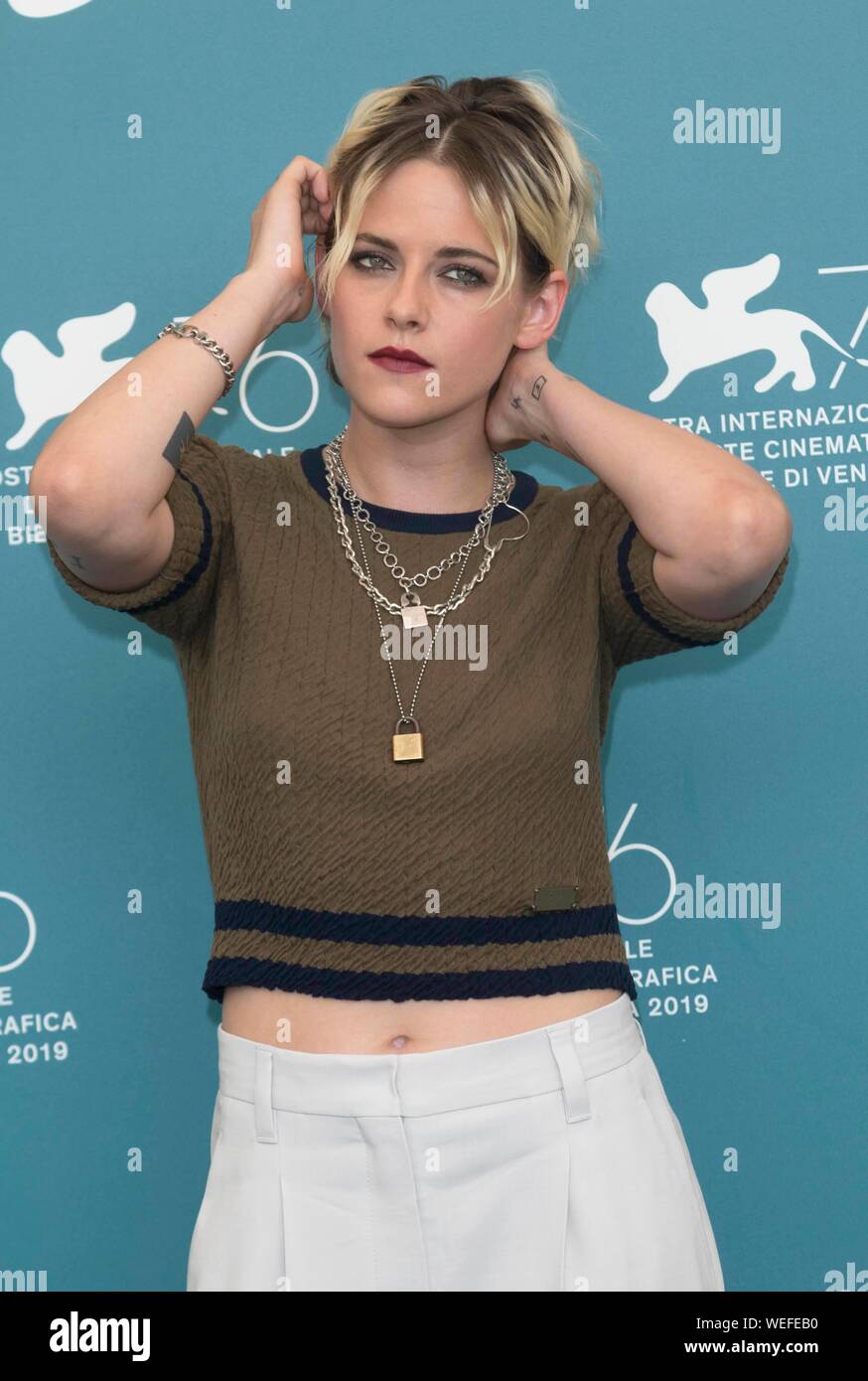 Venezia, Italia. Il 30 agosto 2019. Kristen Stewart assiste il photocall di 'Seberg' durante il 76° Festival del Cinema di Venezia al Palazzo del Casinò al Lido di Venezia, Italia, il 30 agosto 2019. | Utilizzo di credito in tutto il mondo: dpa picture alliance/Alamy Live News Foto Stock