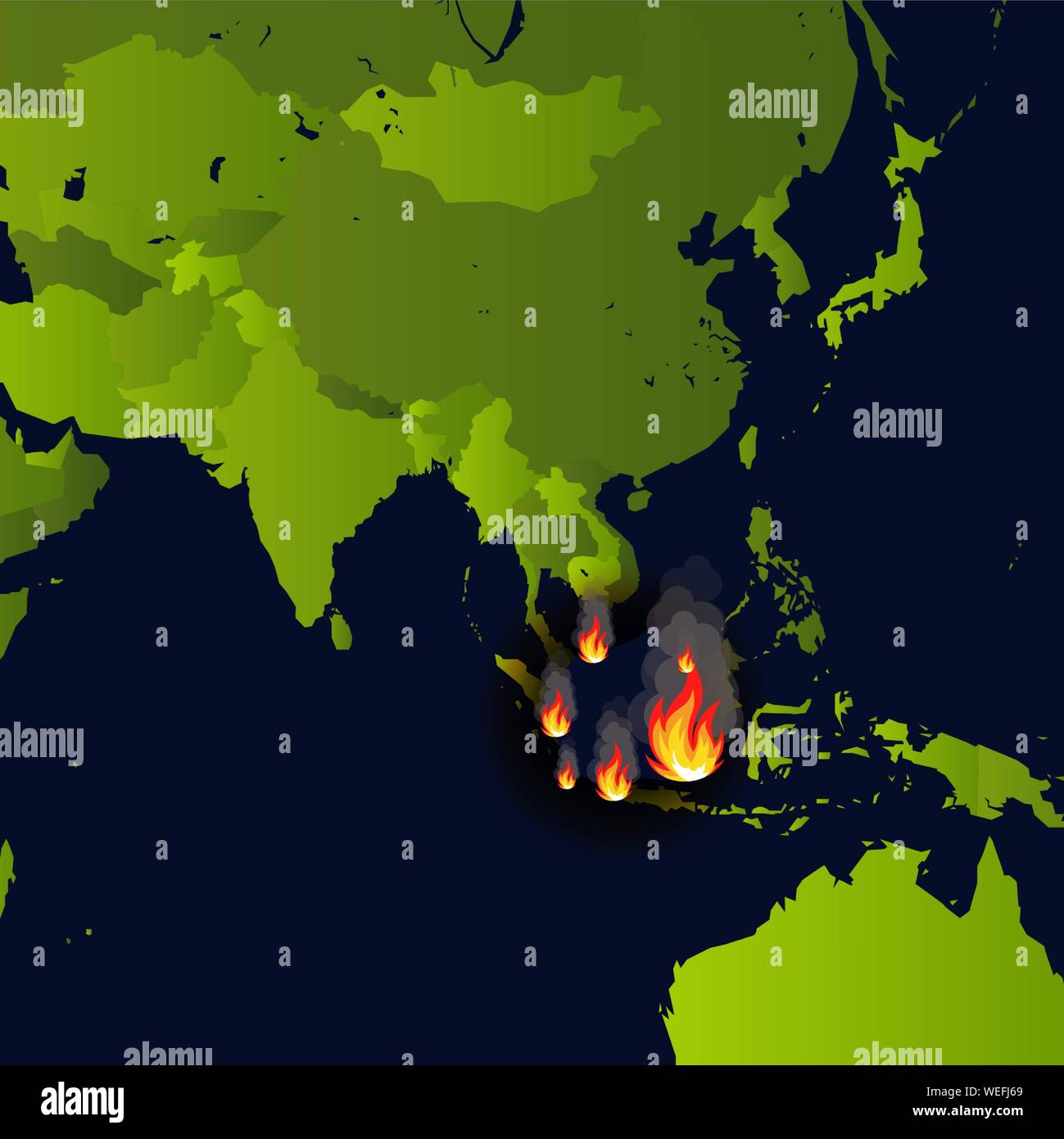 Gli incendi boschivi banner, il posto del fuoco sulla mappa, disastro in indonesia news, carta che brucia i fumi e smolders dal fuoco, illustrazione vettoriale. Illustrazione Vettoriale