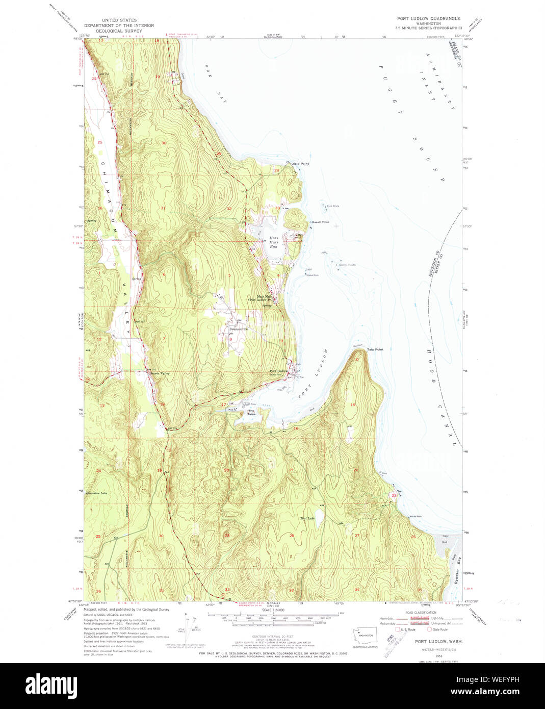 USGS TOPO Map Stato di Washington WA Port Ludlow 243227 1953 24000 Restauro Foto Stock