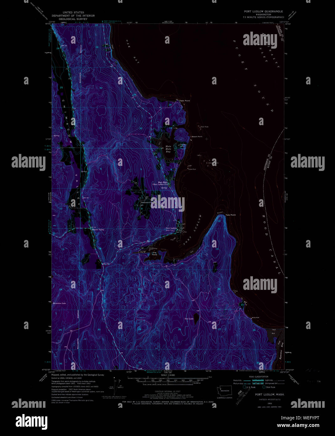 USGS TOPO Map Stato di Washington WA Port Ludlow 243227 1953 24000 Restauro invertito Foto Stock