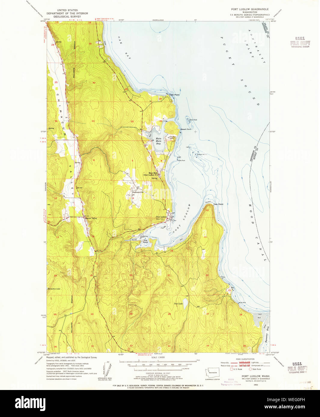 USGS TOPO Map Stato di Washington WA Port Ludlow 243228 1953 24000 Restauro Foto Stock