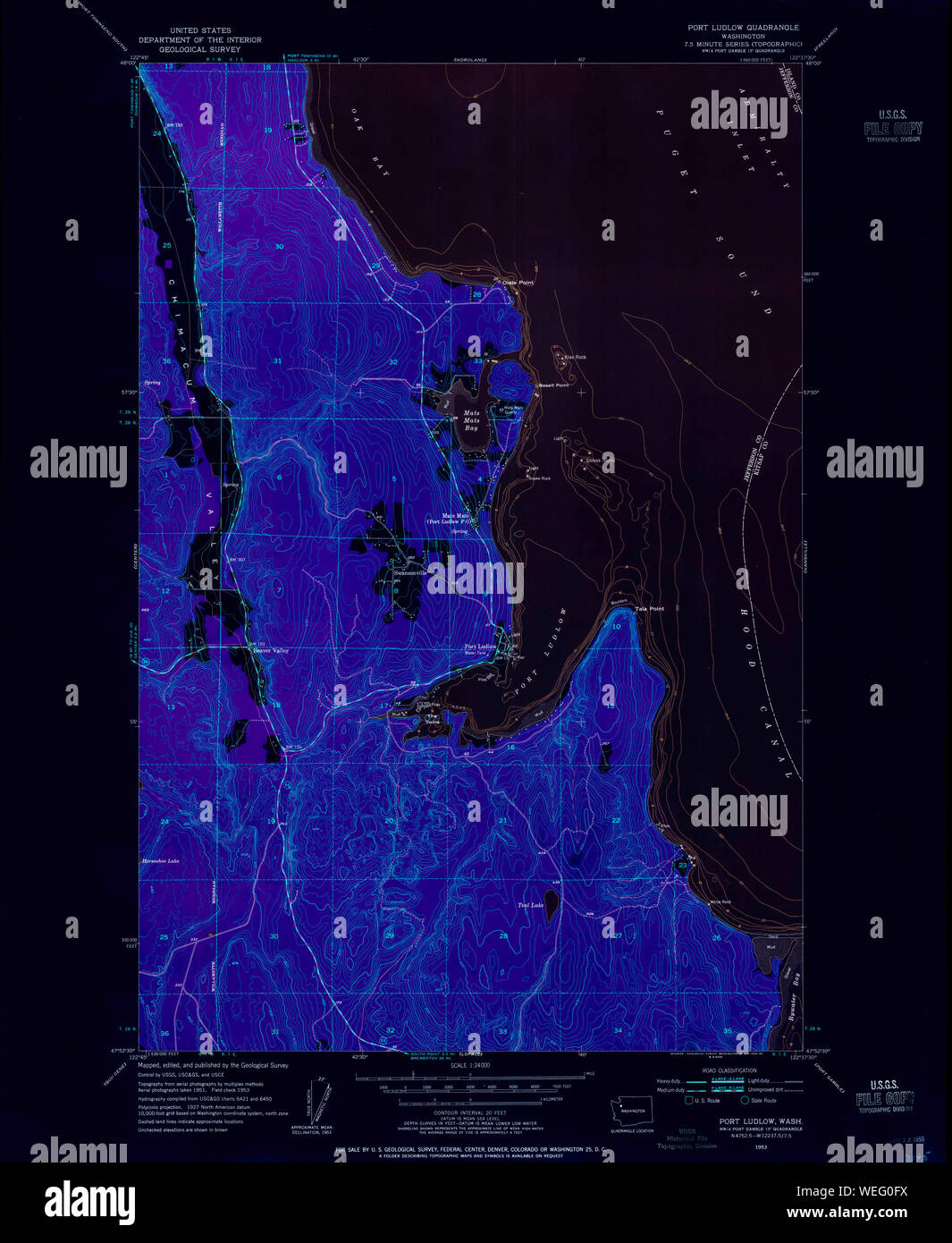USGS TOPO Map Stato di Washington WA Port Ludlow 243228 1953 24000 Restauro invertito Foto Stock