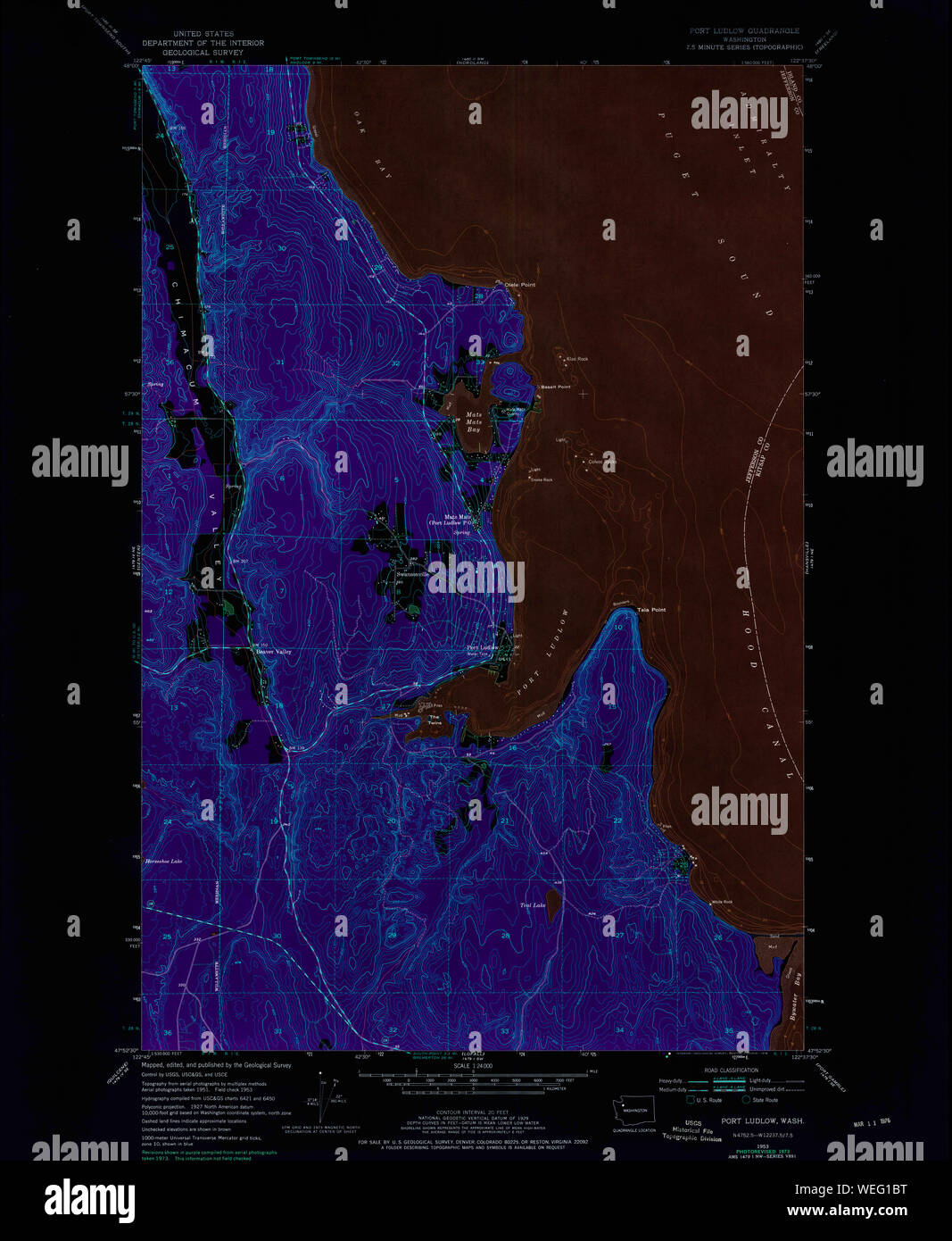 USGS TOPO Map Stato di Washington WA Port Ludlow 243229 1953 24000 Restauro invertito Foto Stock