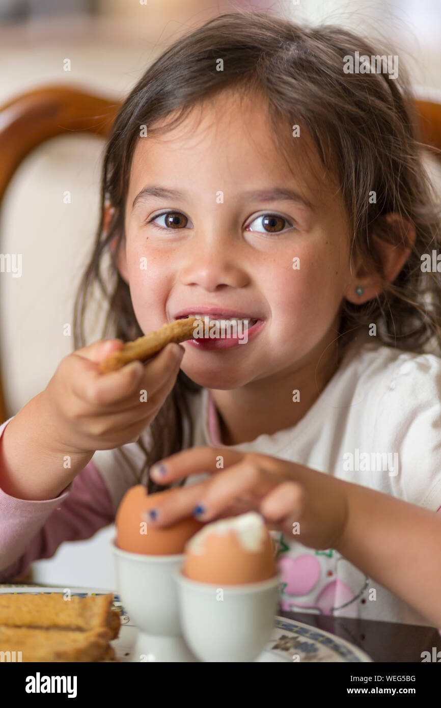 4-5 anni di età mista asiatica ragazza etnica mangiare toast e uova sode per la colazione, San Jose, California Foto Stock