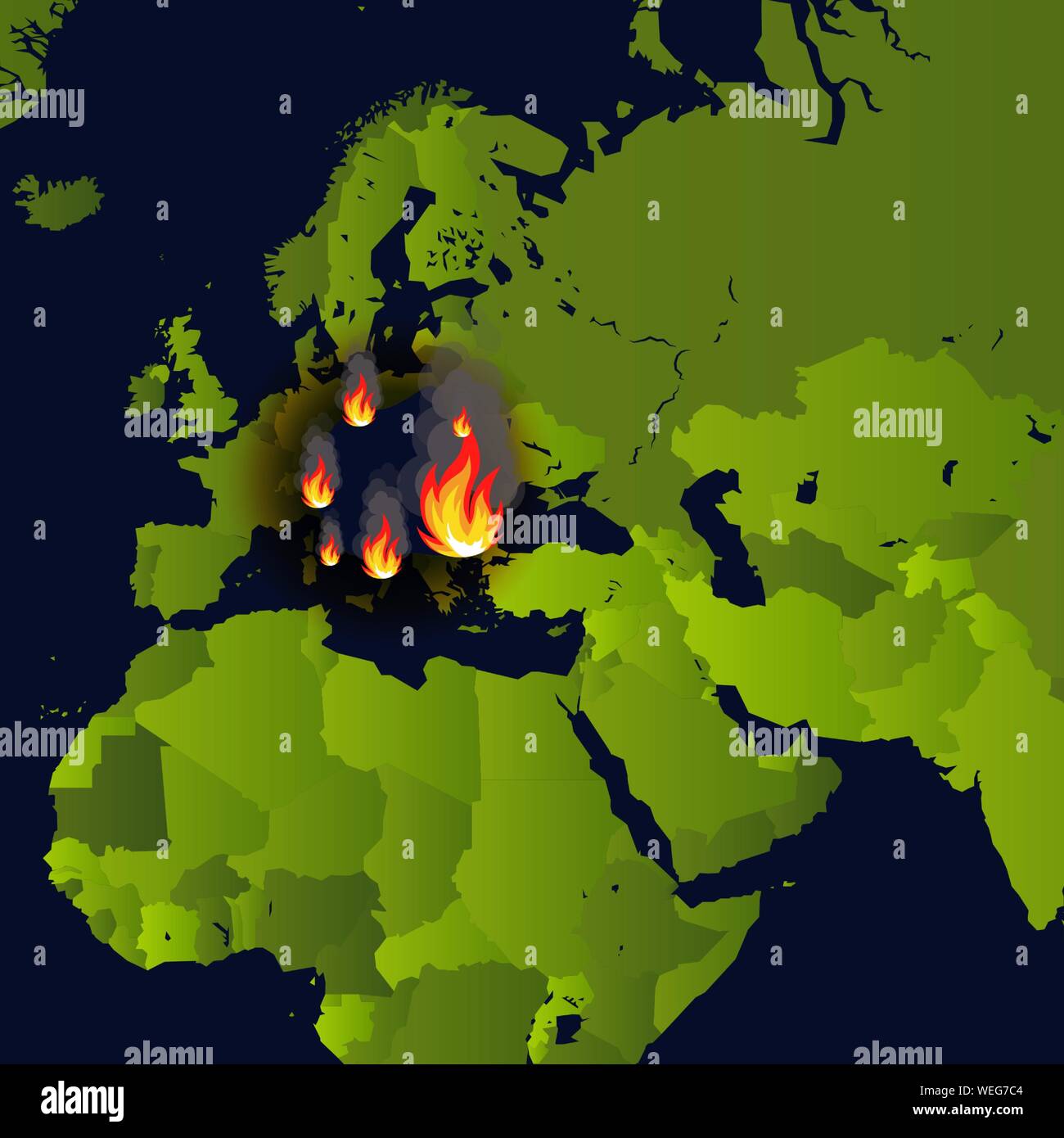 Gli incendi boschivi banner, il posto del fuoco sulla mappa, disaster news, carta che brucia i fumi e smolders dal fuoco, illustrazione vettoriale. Illustrazione Vettoriale