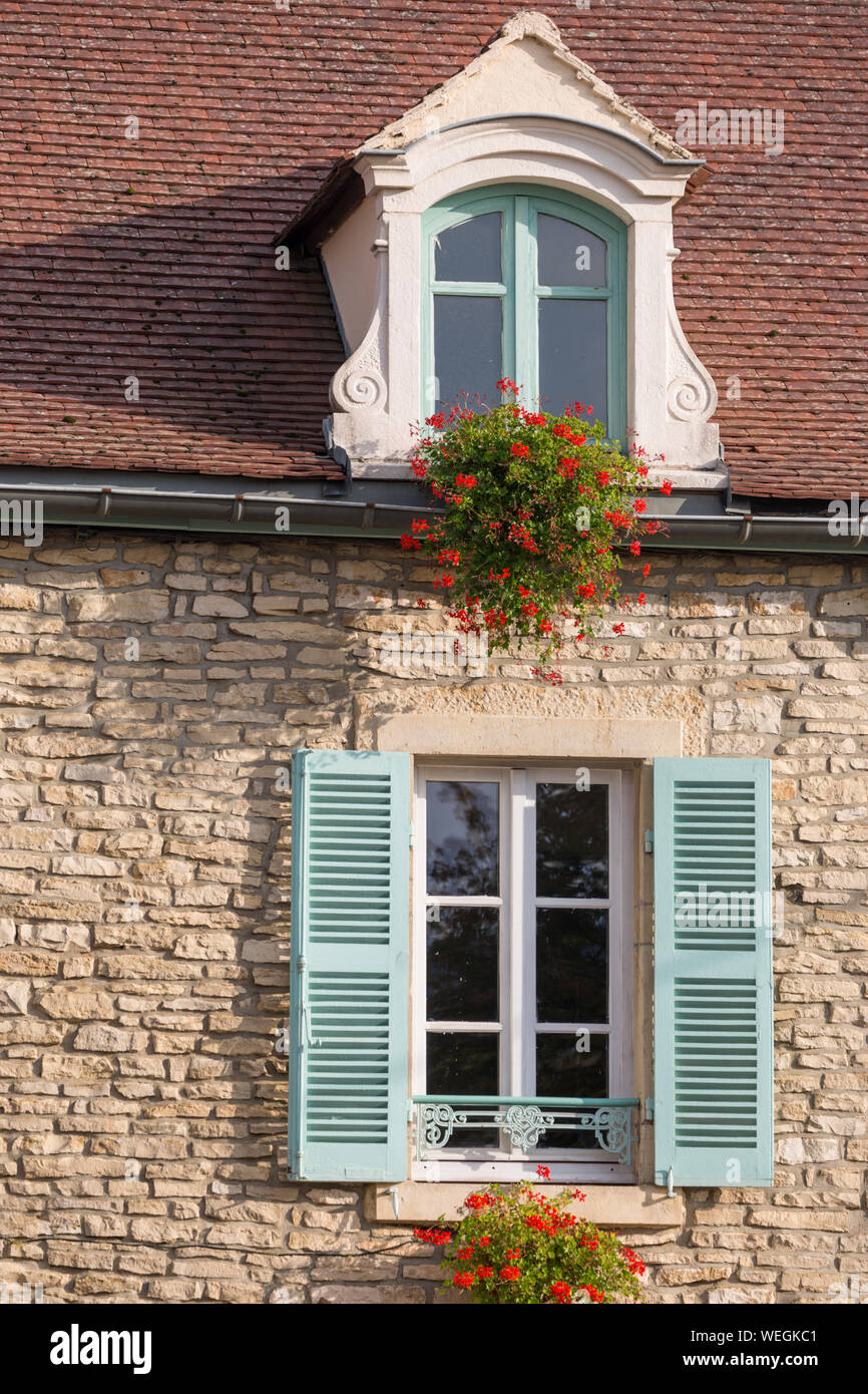 Finestre, persiane, fioriere in Meursault sulla grande strada del vino, Borgogna, Francia Foto Stock