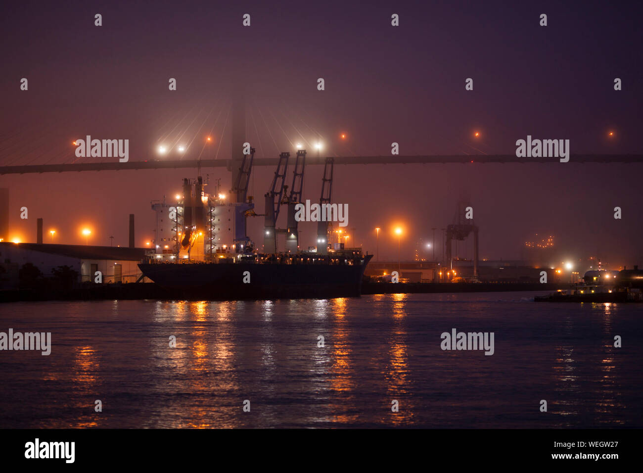 Nave cargo carico nel porto di Savannah a notte Foto Stock