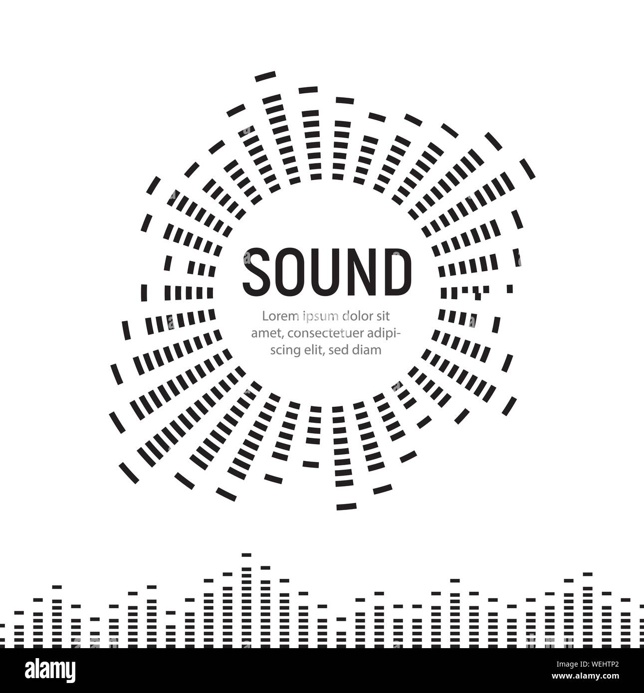 Musica suono telaio circolare logo a forma di onda, audio equalizzatore digitale la tecnologia, il pannello della console, impulso musicale, illustrazione vettoriale. Illustrazione Vettoriale