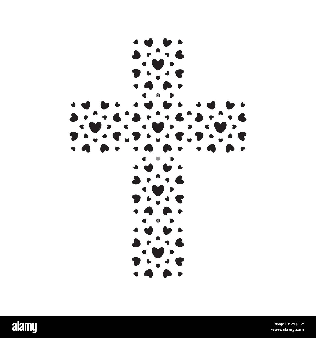 Simbolo cristiano, nero cuori icona a forma di croce. Dio è amore segno. Chiesa modello di logo. Vettore isolato illustrazione. Illustrazione Vettoriale