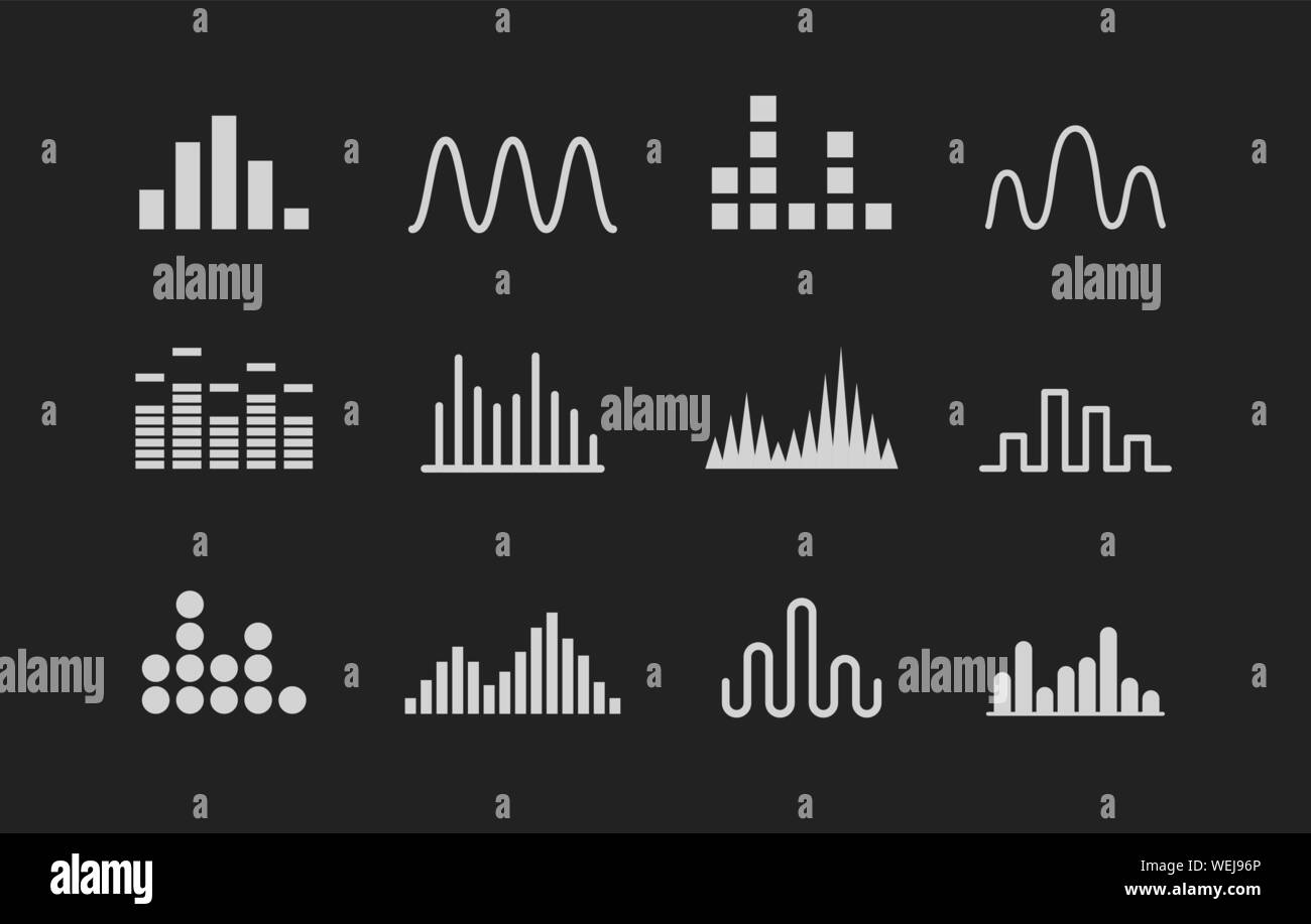 Impostare il suono del logo a forma di onda. Onda di musica di icone bianche su sfondo nero. Illustrazione Vettoriale. Illustrazione Vettoriale