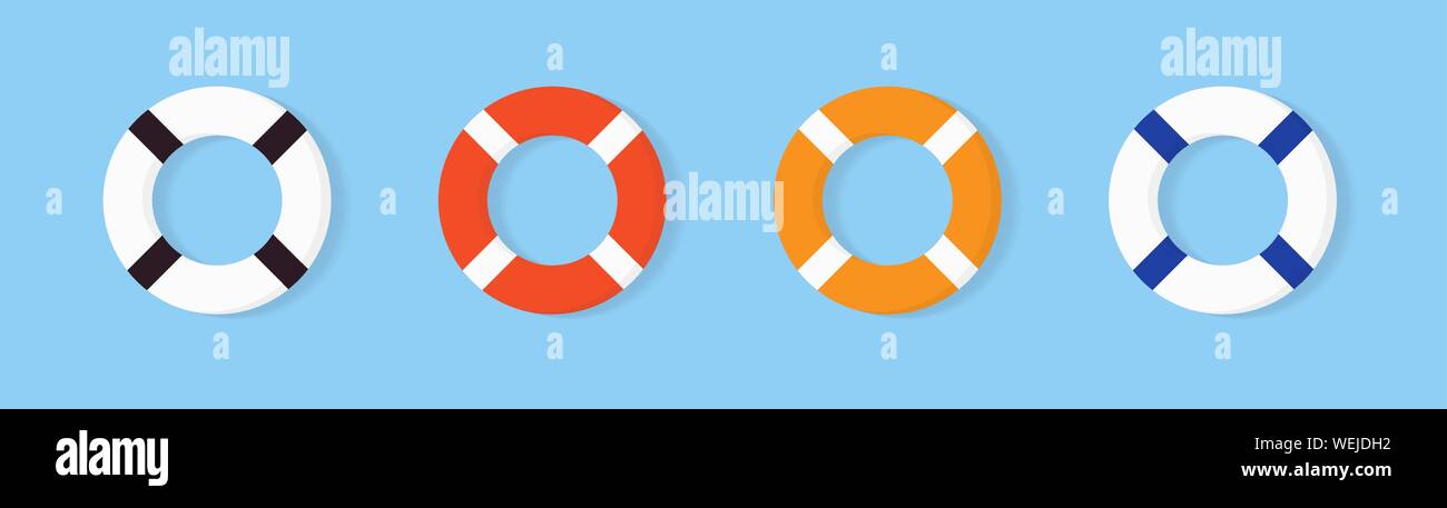 Set di colorate icona salvagente, attrezzature di soccorritori per salvare la gente di annegamento, grafica vettoriale elemento degnati per affari e vacanze illustrazione. Illustrazione Vettoriale