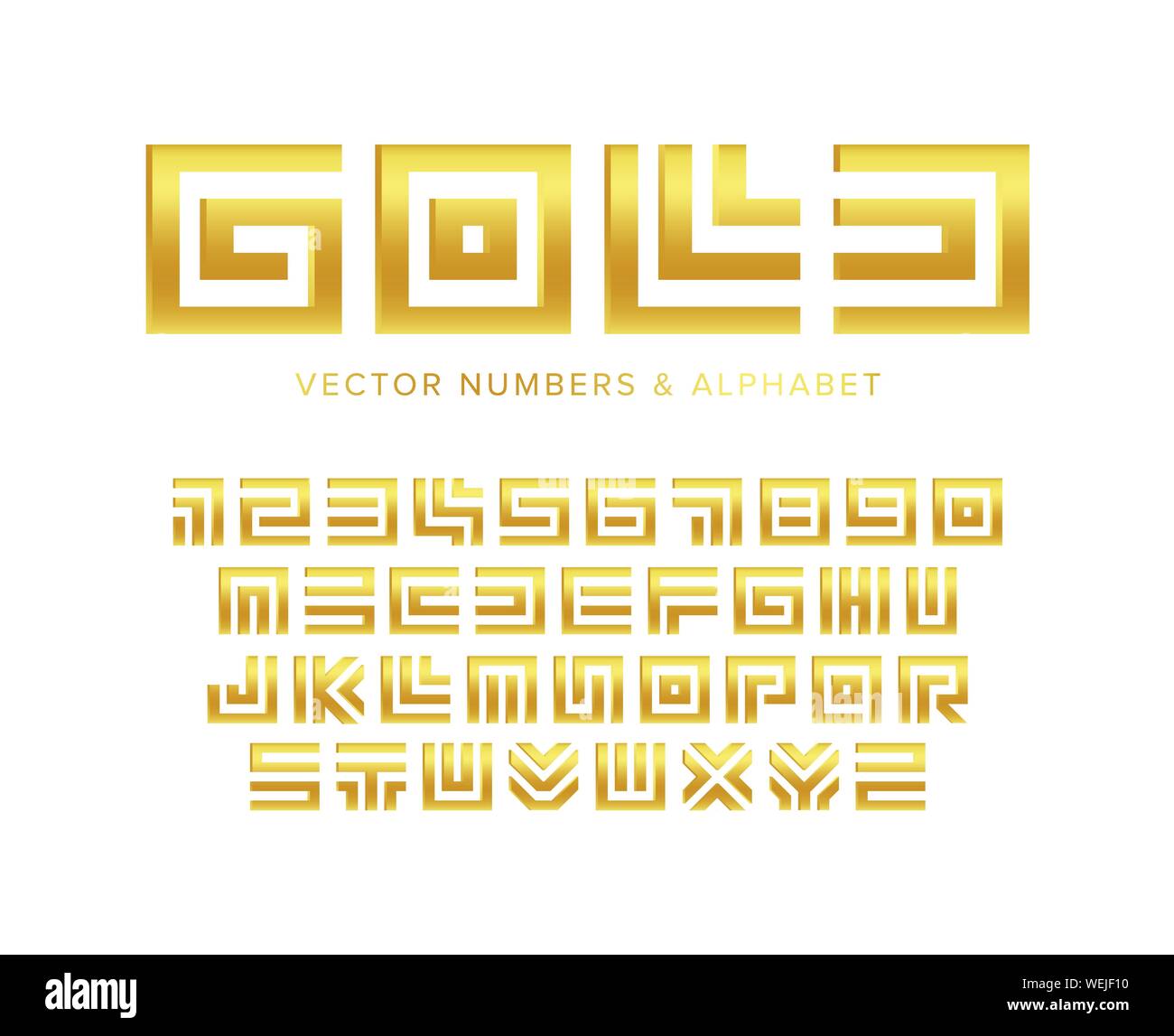 Oro lettere e numeri impostati. Labirinto geometrico golden gioiello vettore stile alfabeto latino. Font per negozio gioielli, promozioni, logo, banner, monogramma e Illustrazione Vettoriale