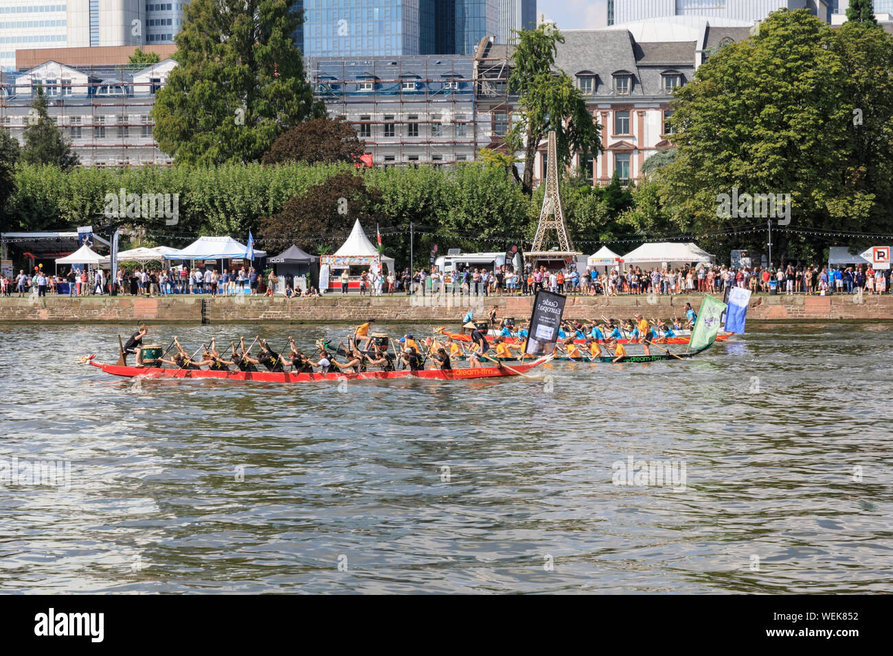 Dragon Boat racing sul fiume Main durante Museumsuferfest, osservare la gente, Frankfurt am Main, Germania Foto Stock