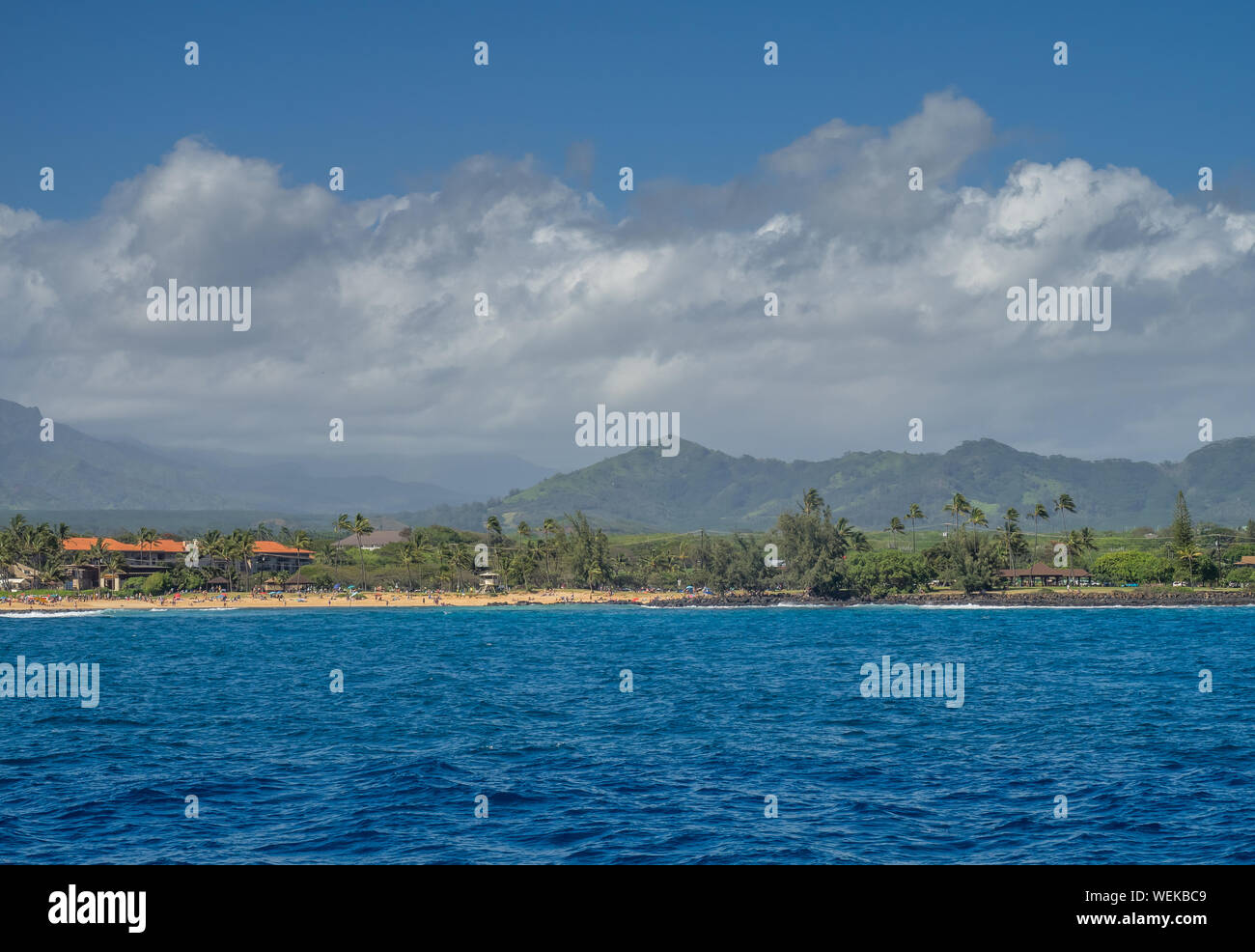 Vista della sponda sud su Kauai dall'oceano. Preso da un avvistamento di balene di viaggio. Foto Stock