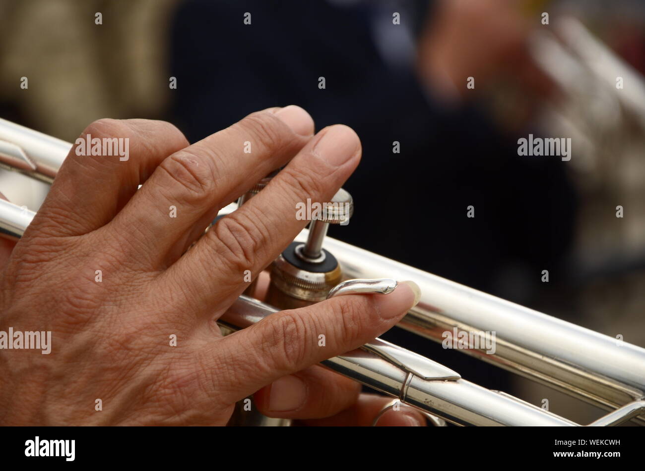 Immagine ritagliata di mano suonare lo strumento di basso Foto Stock