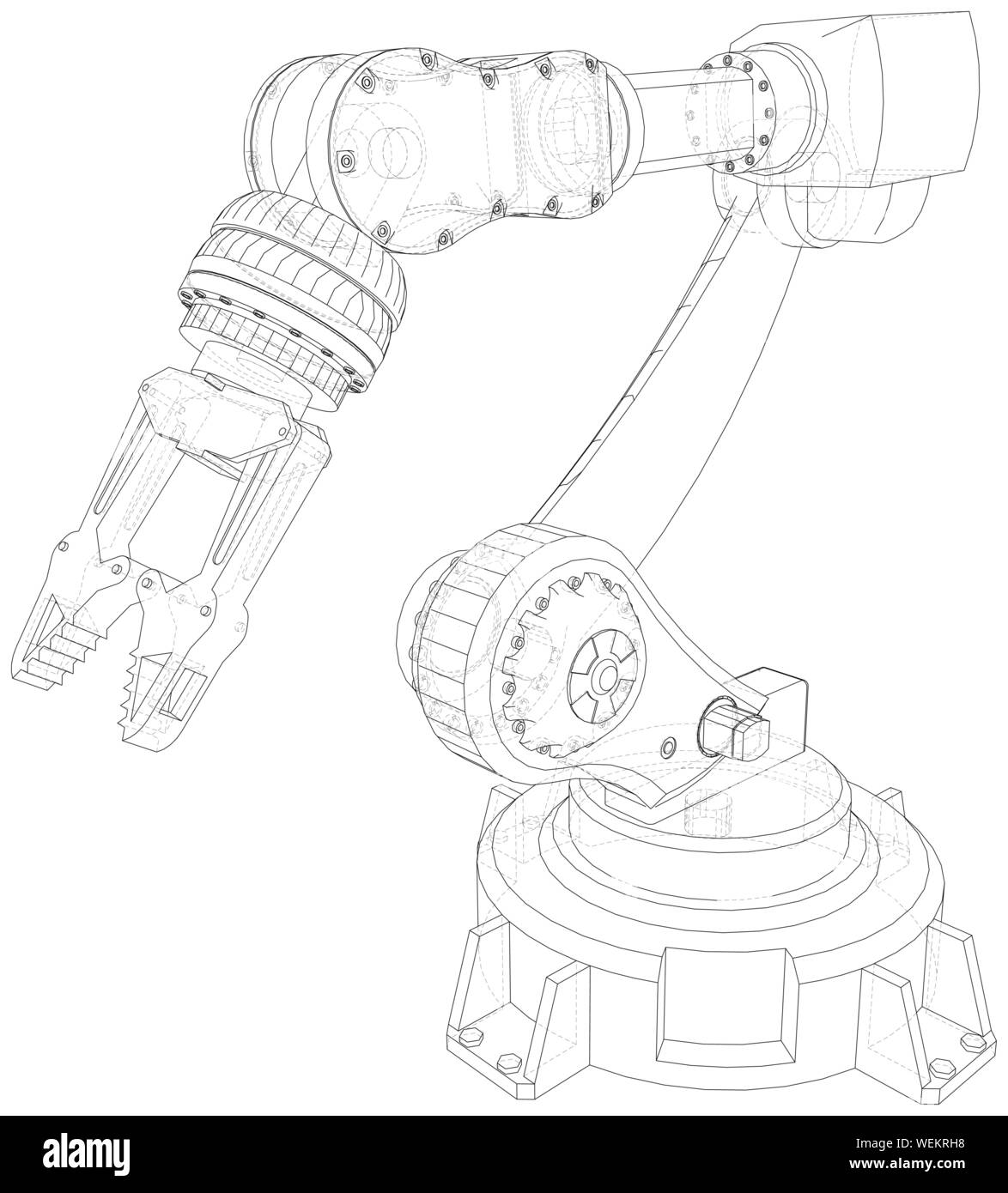 Il braccio di robot, macchinari industriali. Illustrazione tecnica wire-telaio. Vettore di rendering 3d. Illustrazione Vettoriale