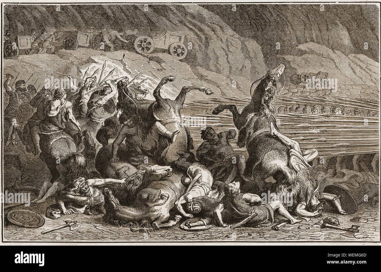Un'antica stampa che mostra una scena di battaglia tra gli spartani e Thracians Foto Stock