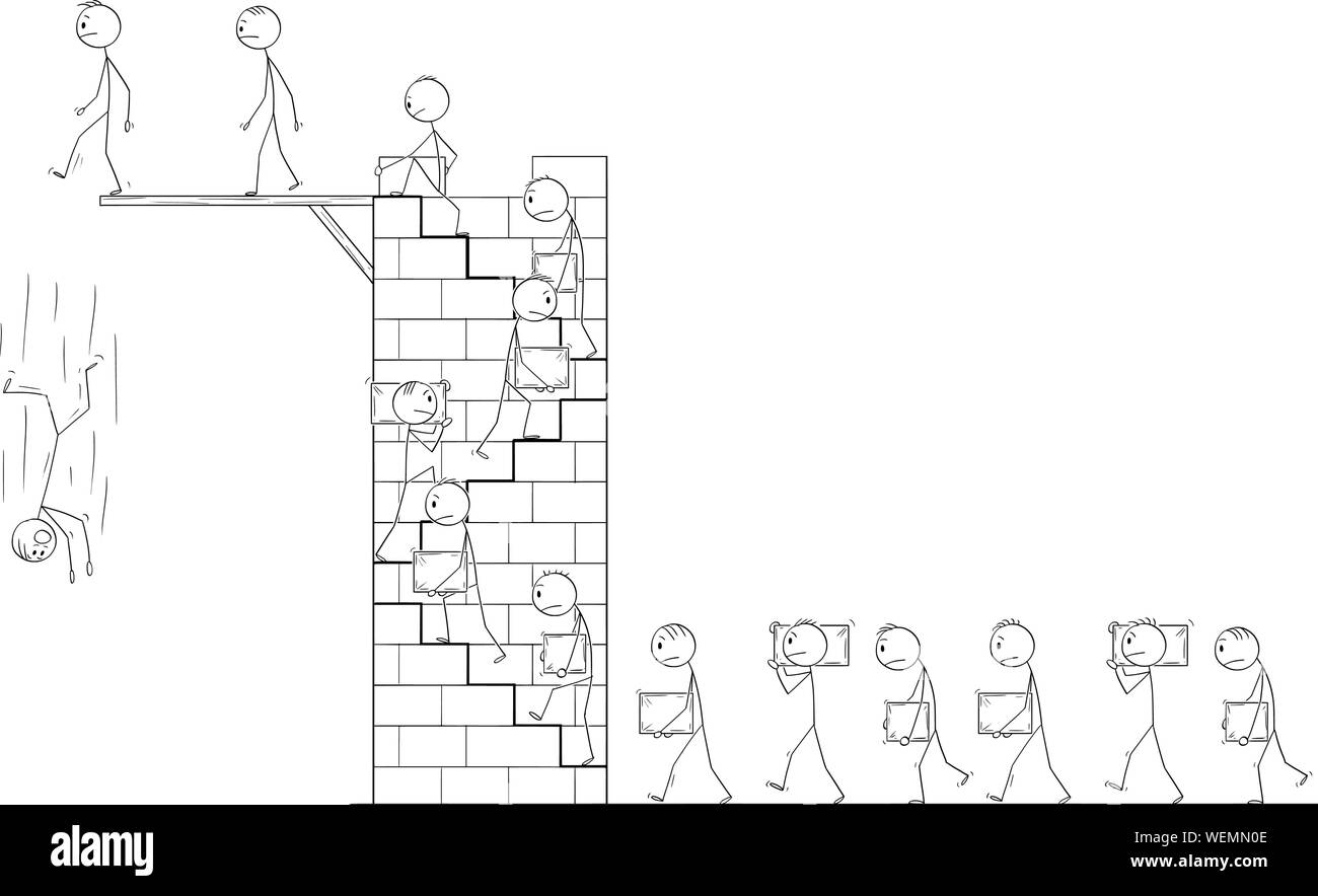 Vector cartoon stick figura disegno illustrazione concettuale degli uomini o dei lavoratori che trasportano grandi blocchi di pietra come materiale da costruzione e salire le scale sulla torre alta. Carriera metafora. Illustrazione Vettoriale