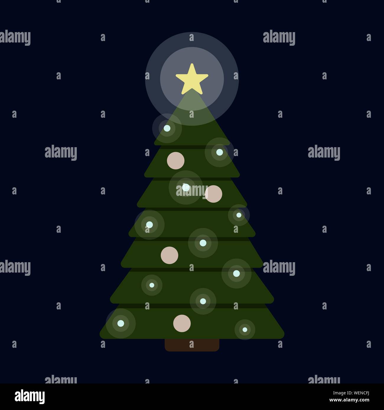 Illustrazione Vettoriale di illuminata luminosamente decorate natale abete isolato su sfondo blu scuro. Anno nuovo piatto festoso l'icona con la stella splendente, ghirlanda di luci e di ornamenti. Dono il modello di stampa. Illustrazione Vettoriale
