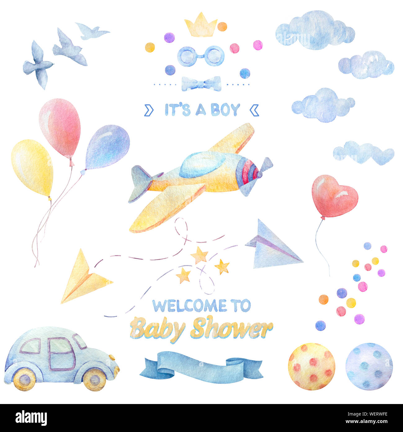 Set di acquerelli. Doccia baby boy. Lettering. In aereo, auto, sfere, palloncini, nuvole, uccelli, cuori, stelle, nastro, il filtro bow tie. Sfondo bianco. Illustra Foto Stock