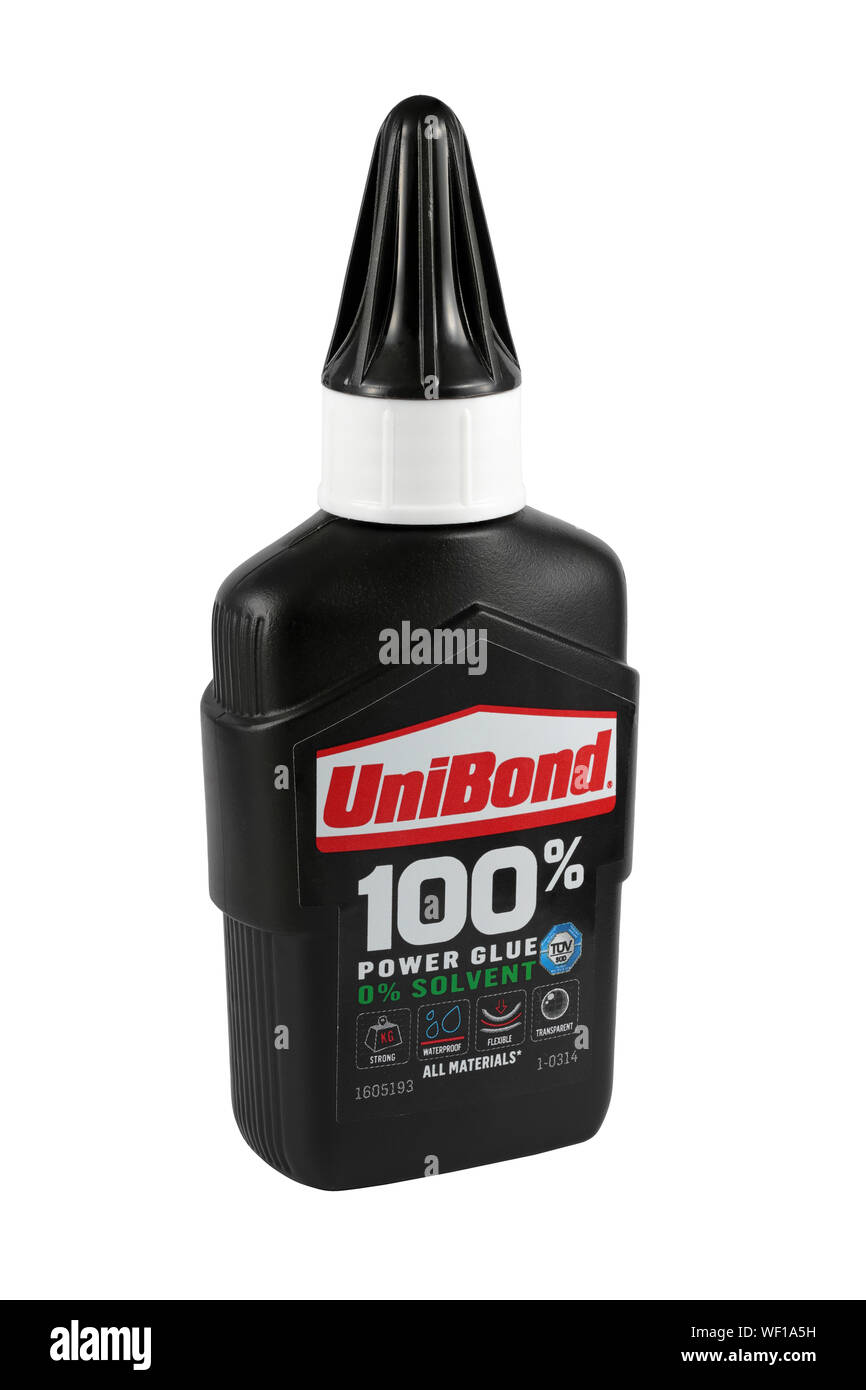 UniBond 100% potenza di colla 0% Solvente isolati su sfondo bianco Foto Stock