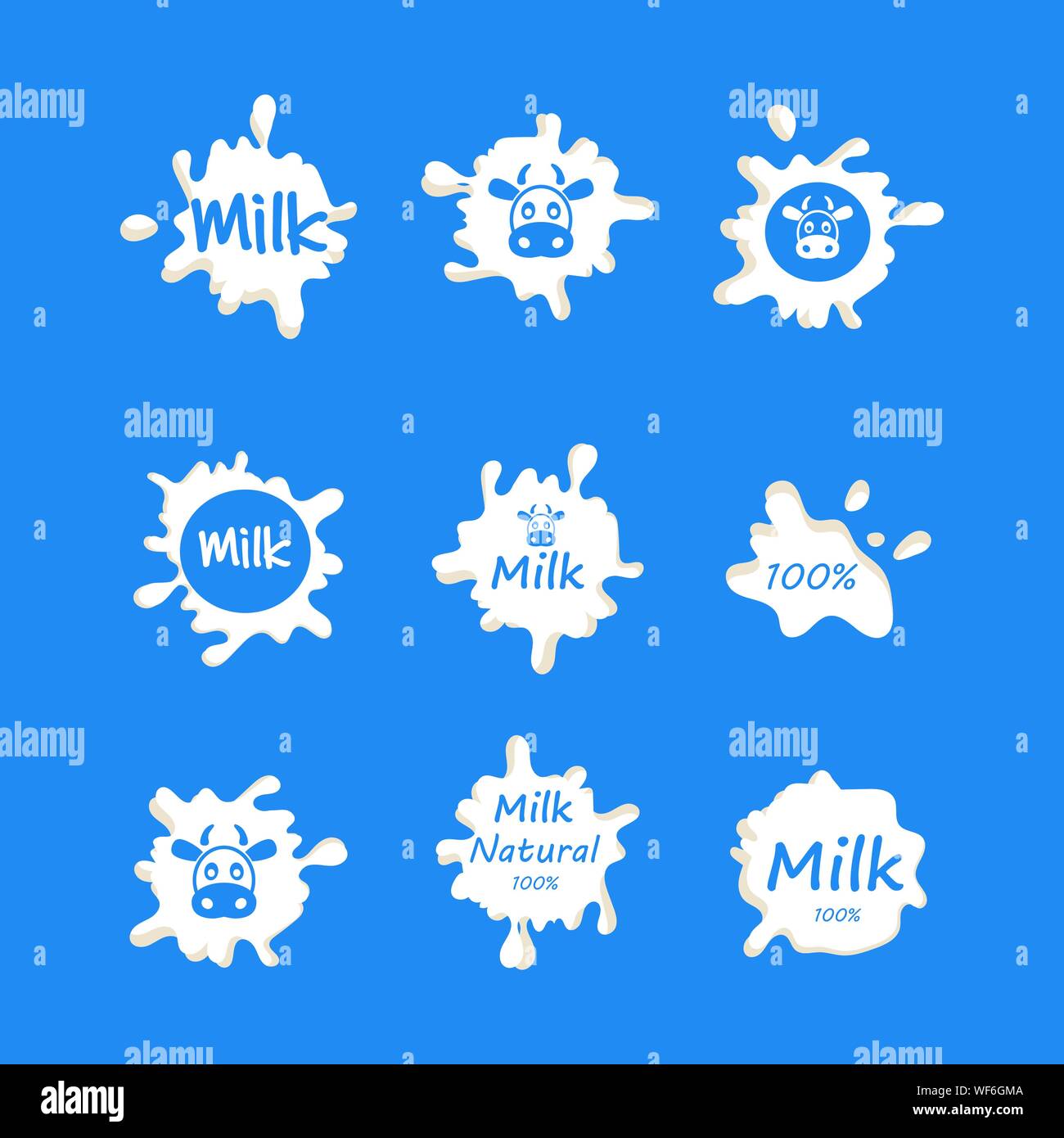 Vector latte o yogurt o crema etichette con i logo. Blob di latte. Badge icona segno per agriturismo il food design. Illustrazione Vettoriale. Illustrazione Vettoriale