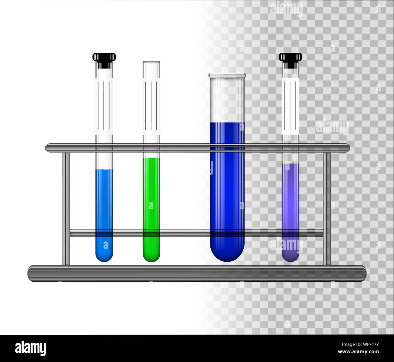 Provette con liquido su un supporto di vetro. Trasparente di flaconi di vetro con tappo. Illustrazione Vettoriale. Illustrazione Vettoriale
