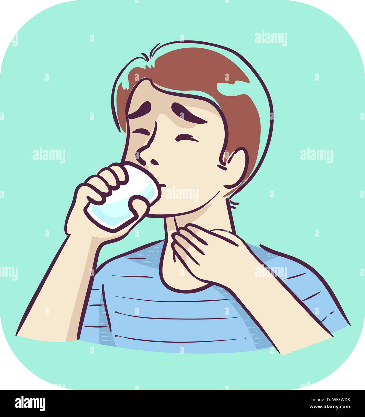 Illustrazione di un uomo ha difficoltà a bere un bicchiere di acqua e tenendo la sua gola Foto Stock