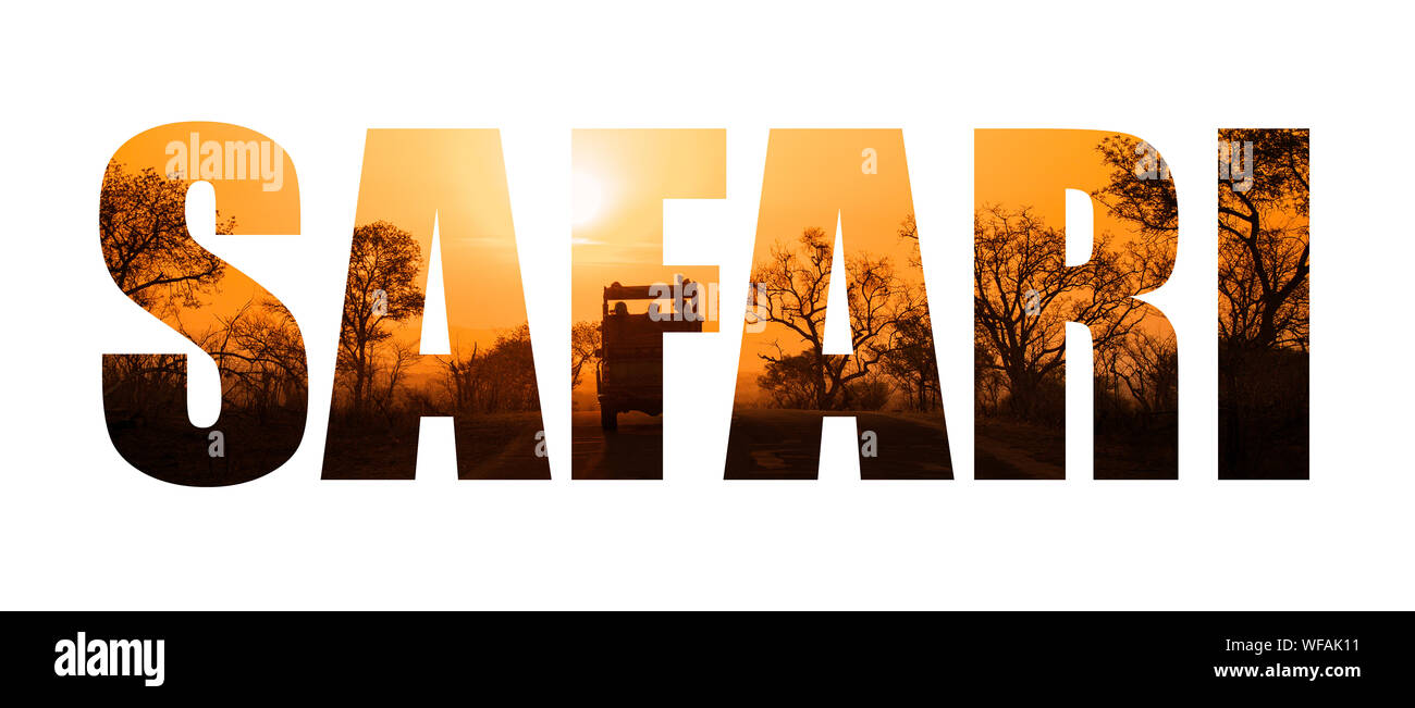 Silhouette della parola SAFARI, con veicolo sul ciglio di una collina al tramonto, golden la luce del sole e sagome di alberi. Parco Nazionale di Kruger, Sud Afr Foto Stock
