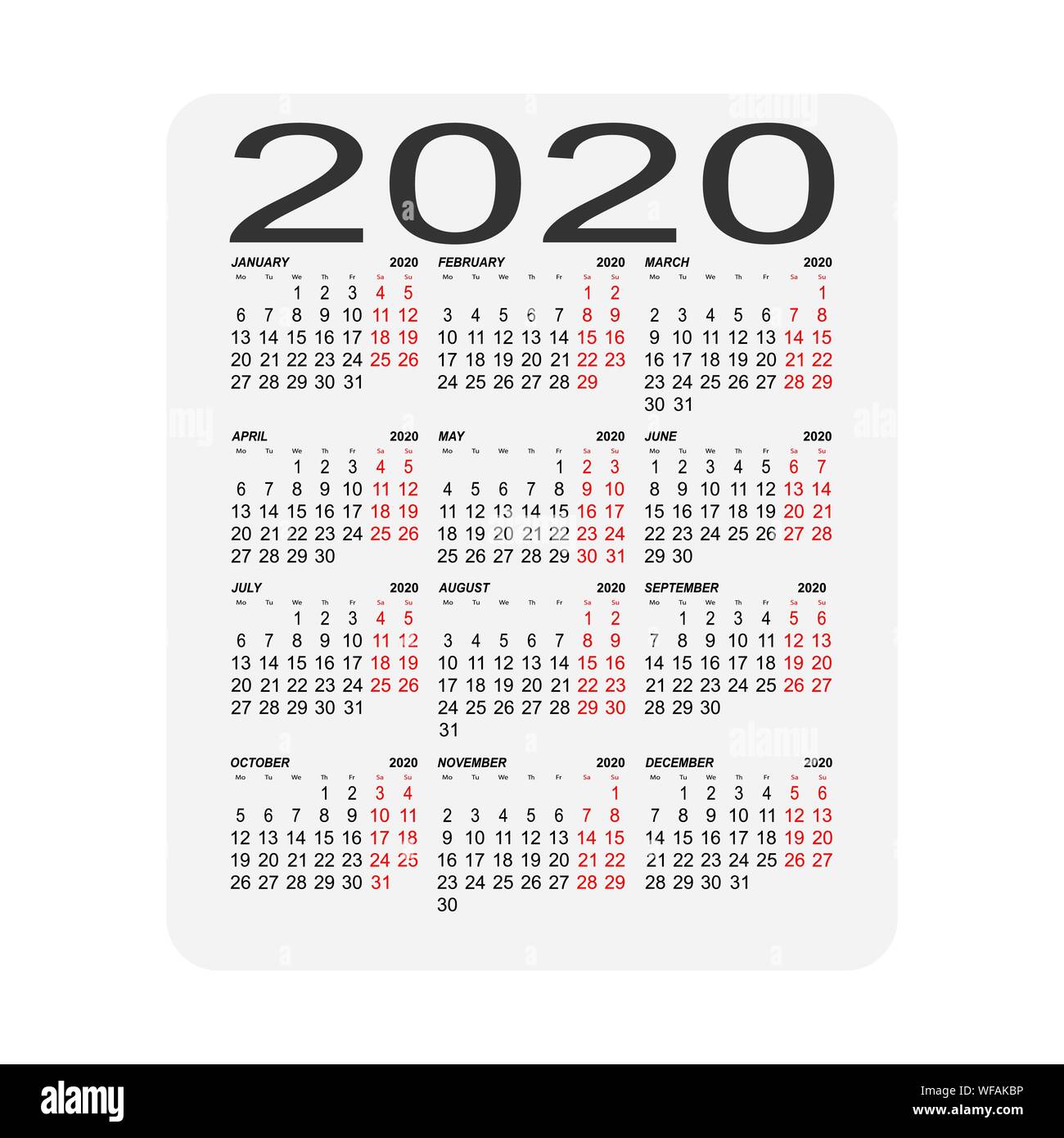 Il calendario 2020. Foglio di calendario. Due giorni a settimana. Illustrazione Vettoriale