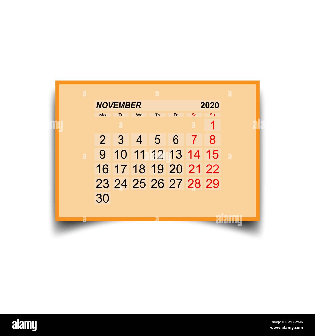 Novembre 2020. Un foglio di calendario con due giorni di riposo alla settimana. Illustrazione Vettoriale