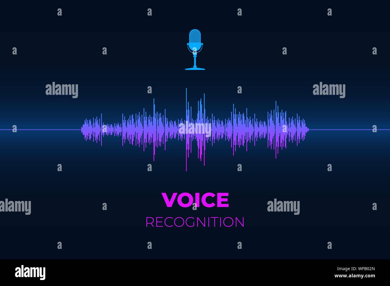 Sistema di riconoscimento vocale e di assistenza audio personale. Pulsante microfono con onda equalizzatore di gradiente brillante. Soundwave Intelligent Smart ai tecnologie illustrazione vettoriale piatta Illustrazione Vettoriale