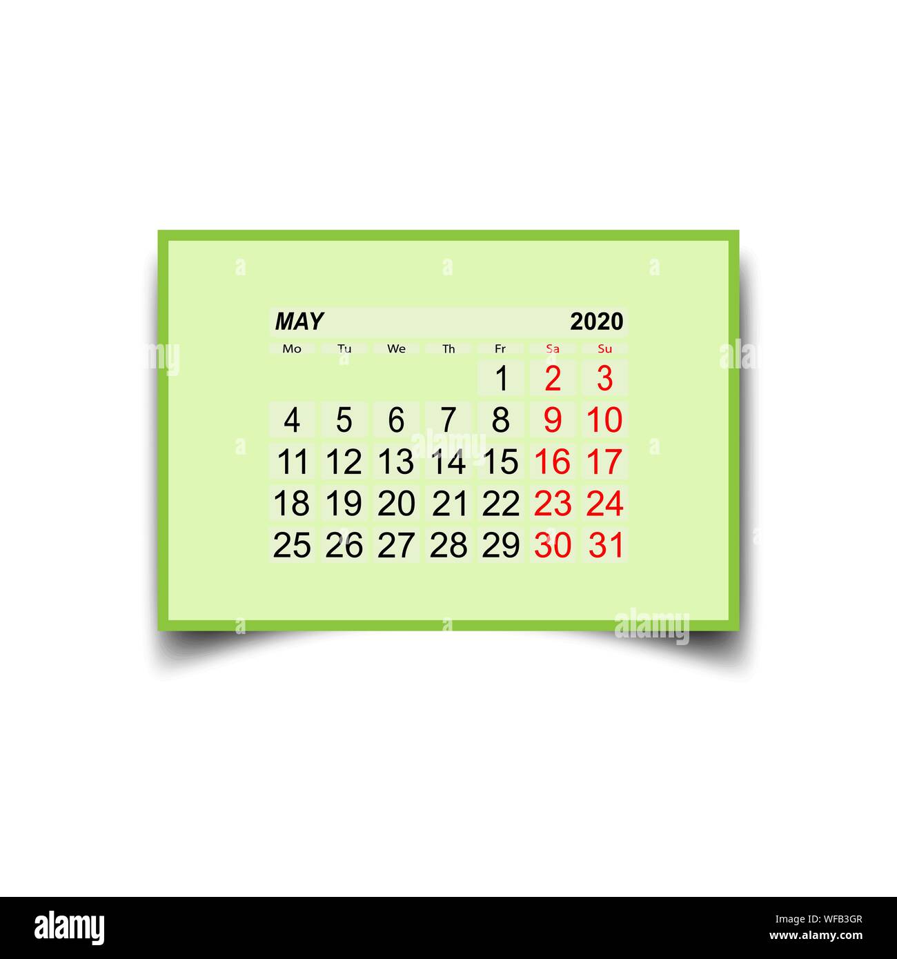 Maggio 2020. Un foglio di calendario con due giorni di riposo alla settimana. Illustrazione Vettoriale