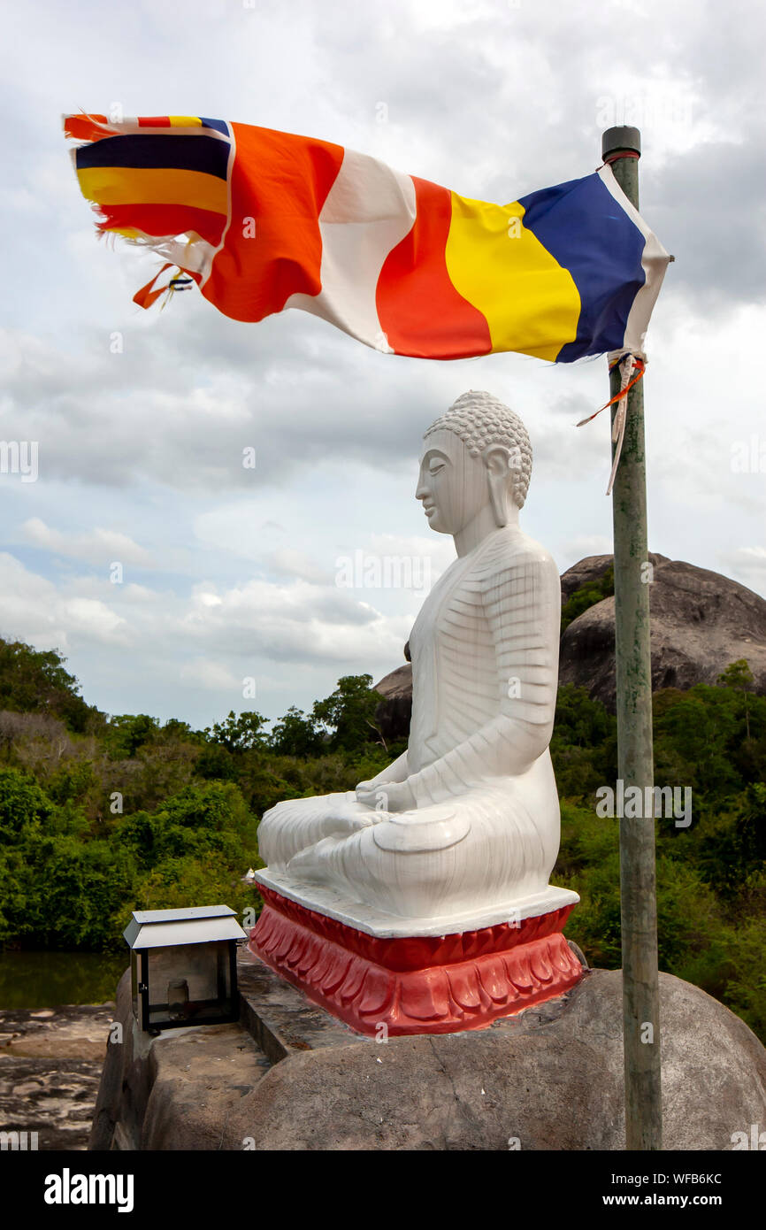 Un Buddista sventola adiacente ad una statua di Buddha a Madya Mandalaya vicino a Panama in Sri Lanka. Foto Stock