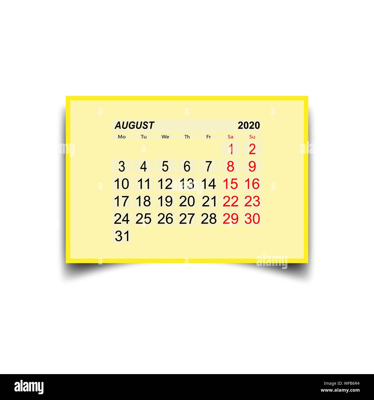 Agosto 2020. Un foglio di calendario con due giorni di riposo alla settimana. Illustrazione Vettoriale