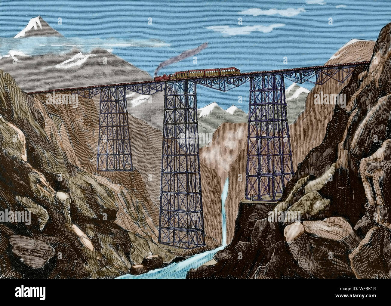 Sud America, Perù. Stazione ferroviaria Trans-Andean in esecuzione della navigazione da Callao e Lima attraverso le Ande spartiacque in galera in rotta per la Oraya. Grande ponte ferroviario. Disegno di Manuel Nao. Incisione di laporta. La Ilustracion Española y Americana, 15 luglio, 1876. Colorazione successiva. Foto Stock